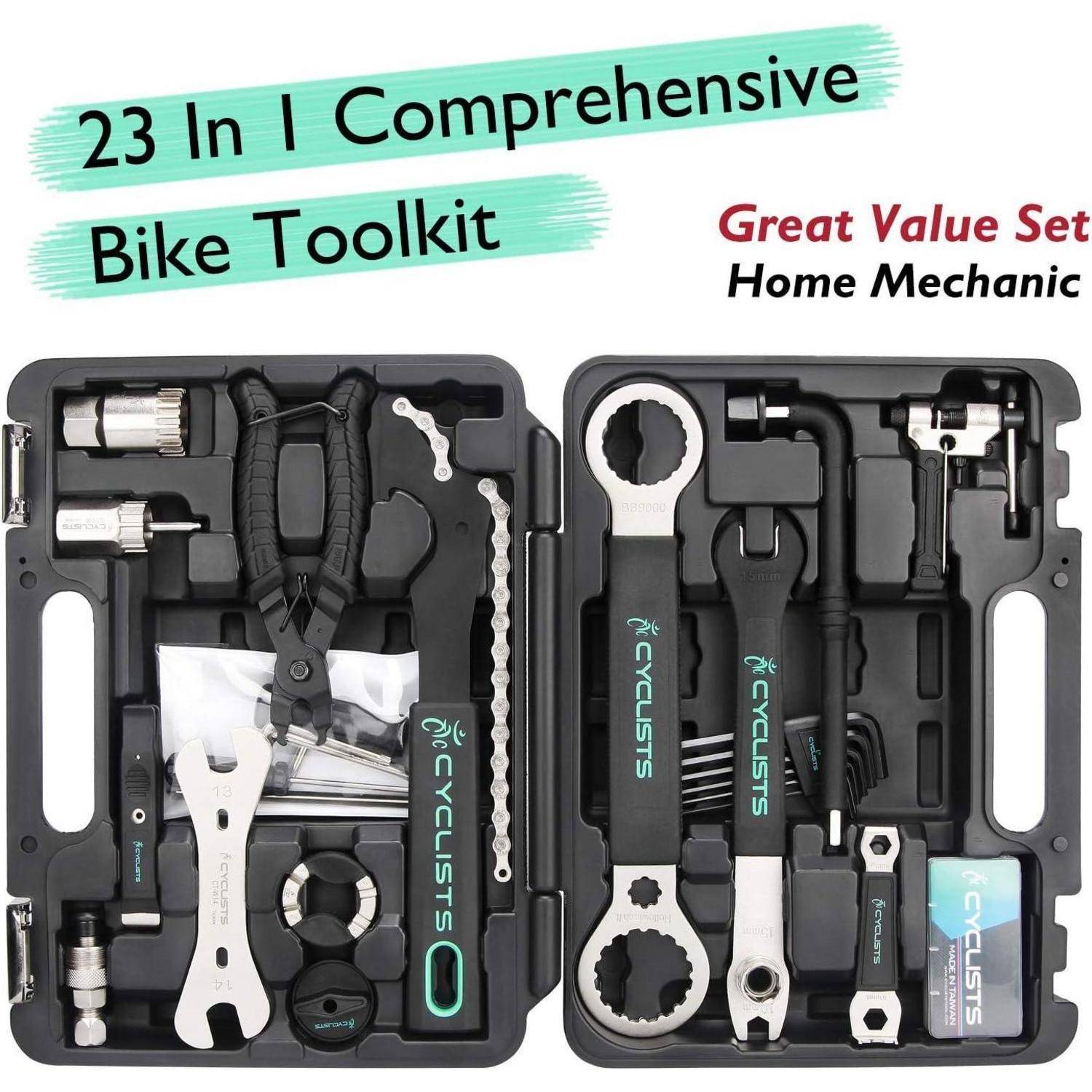 Bild eines offenen 23-in-1-Fahrrad-Werkzeugsatzes in einem schwarzen Transportkoffer mit mehreren Fahrradreparaturwerkzeugen und dem Text „Great Value Set Home Mechanic