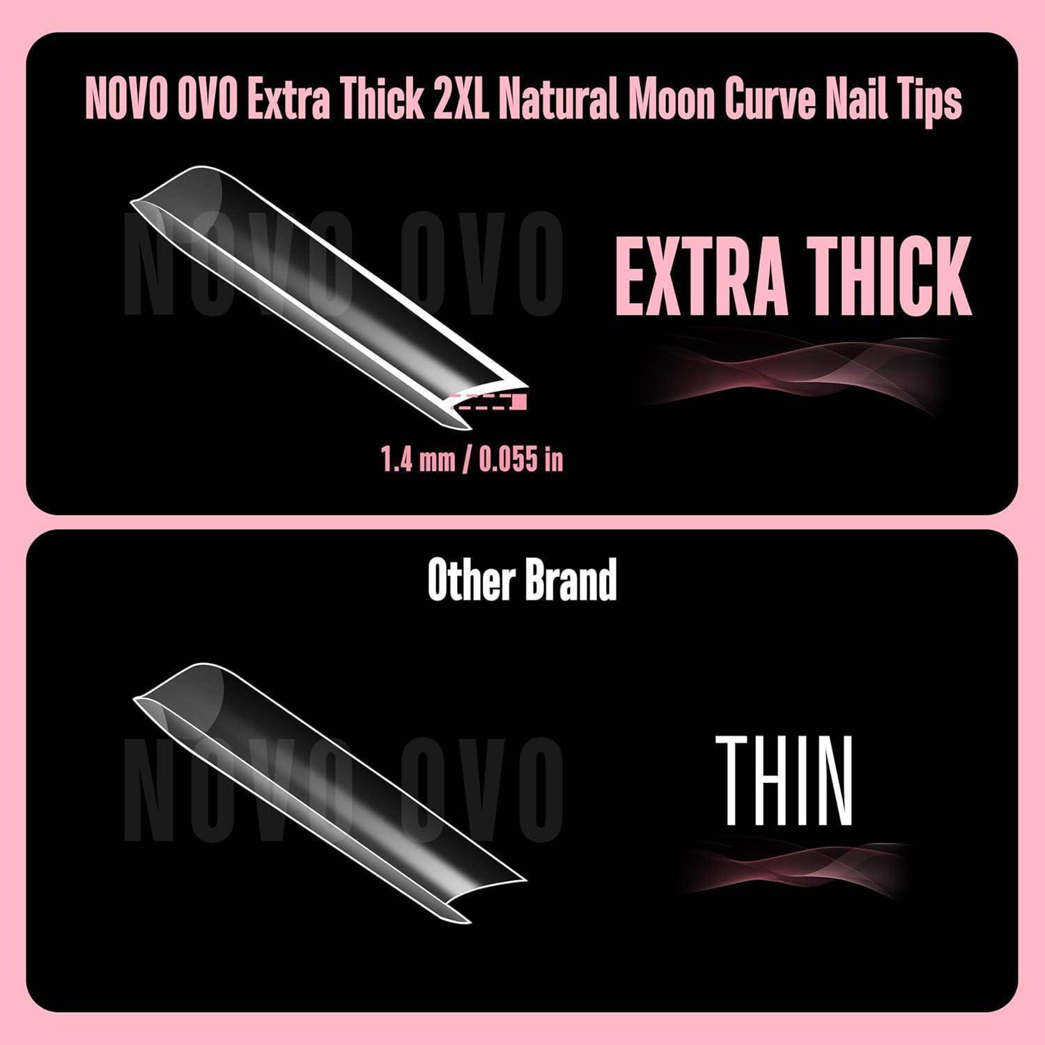 Vergleichsgrafik von Nagelspitzen, die Novo OVO Extra Thick 2XL Natural Moon Curve Nagelspitzen mit 1,4 mm im Vergleich zu einer anderen Marke mit dünnen Spitzen zeigt.