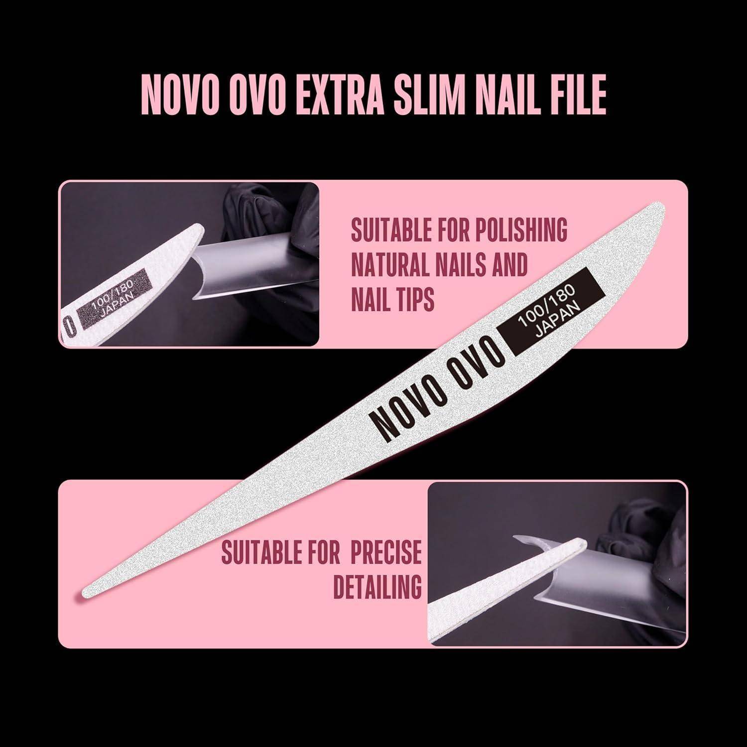 Werbegrafik für 'NOVO OVO EXTRA SLIM NAGELFEILE' mit einer silbernen Nagelfeile in 100/180er Körnung, geeignet zum Polieren von natürlichen Nägeln und für präzise Detailarbeiten.