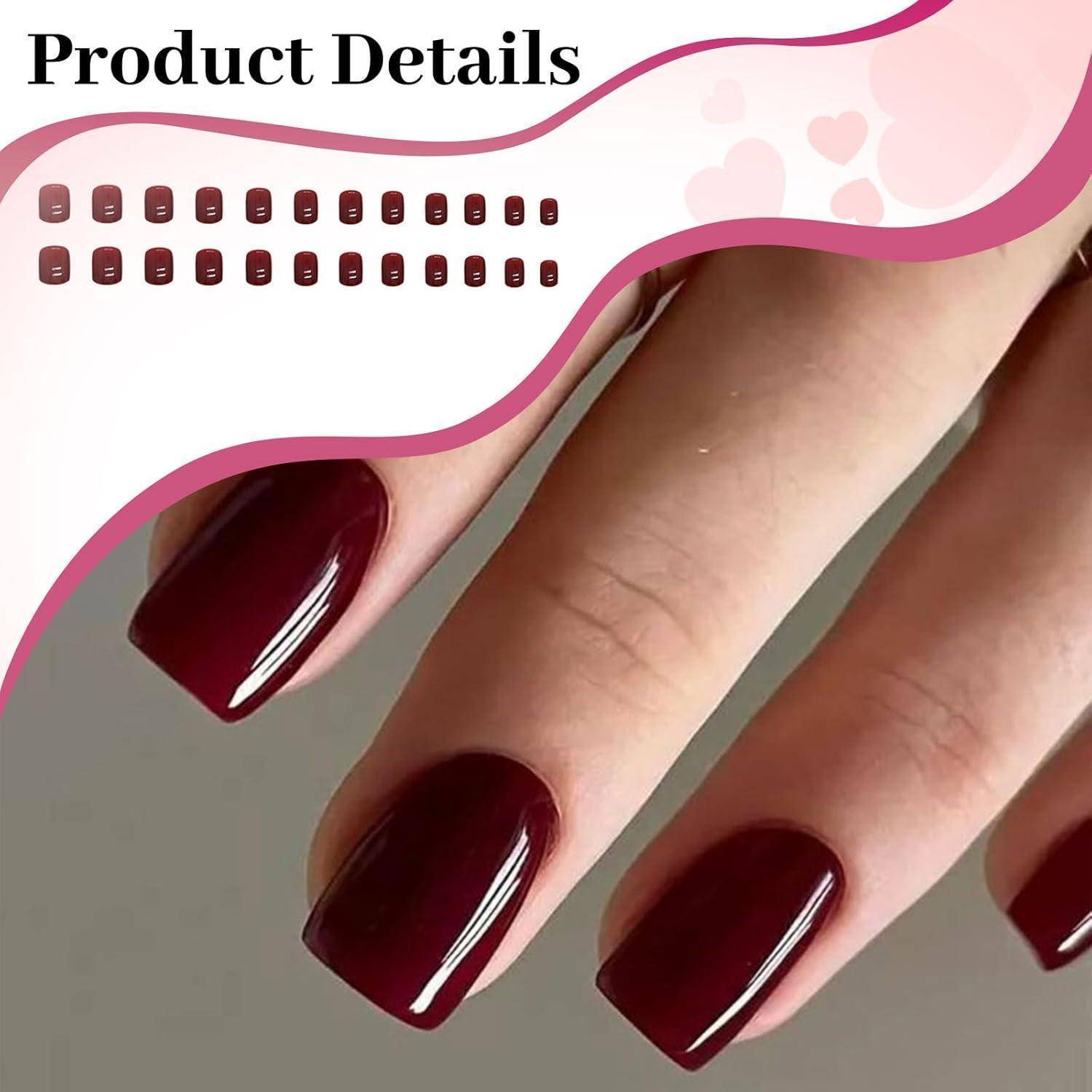 Produktdetailbild, das eine Hand mit glänzend dunkelrot manikürten Nägeln zeigt, mit kleinen Nagellackfarbmustern, die oben angezeigt werden.