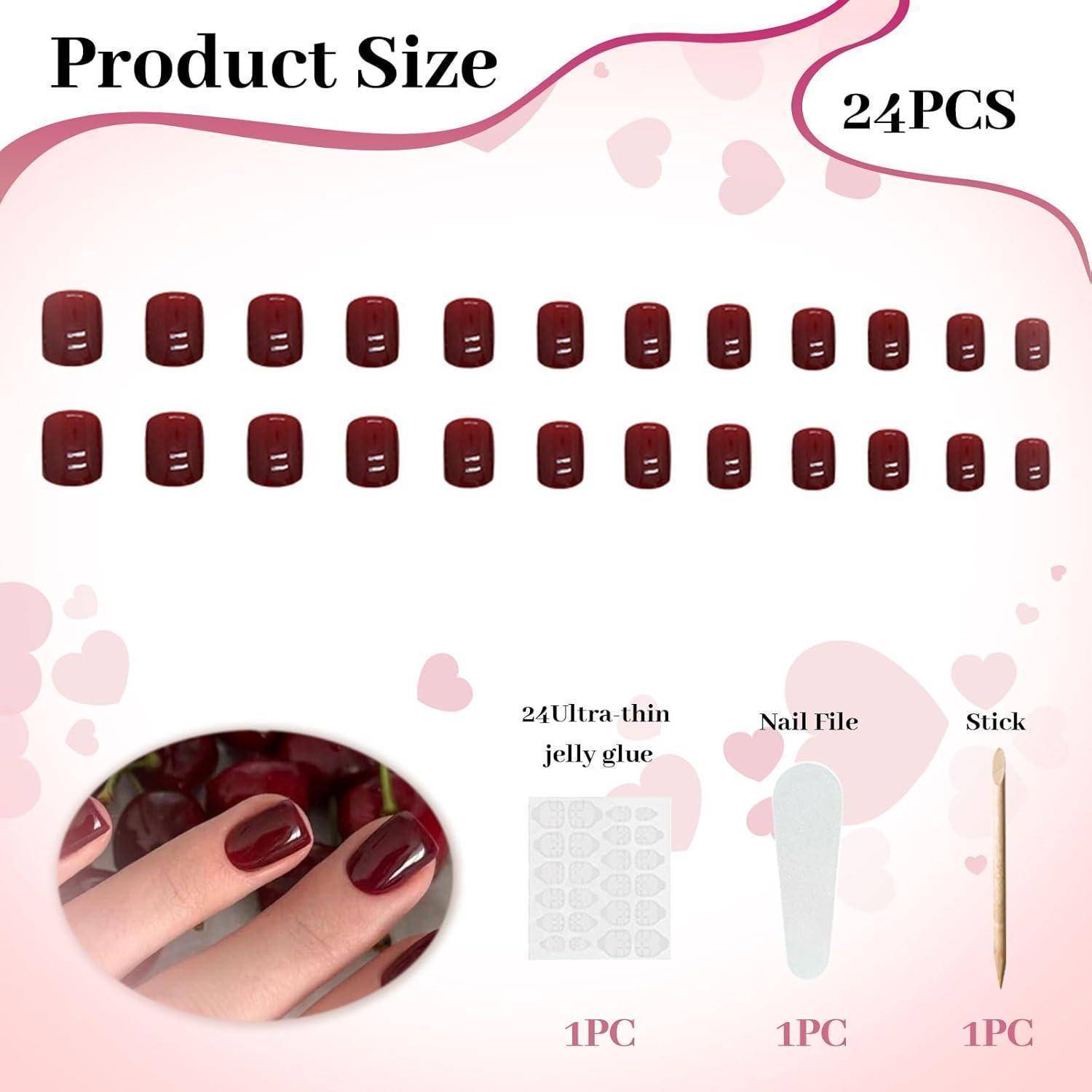 Produktgrößenbild mit 24 bordeauxfarbenen Druckknöpfeln in zwei Reihen, plus 1 ultradünnem Gelatineumleimblatt, 1 Nagelfeile und 1 Stab; Einsatz zeigt auf Fingern getragene Nägel.