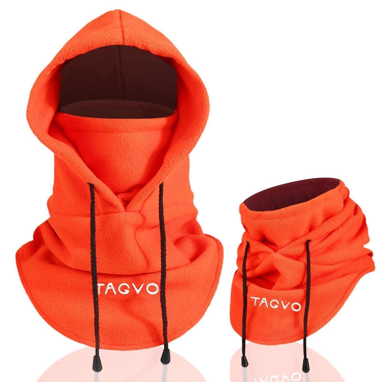 Orange TAGVO Fleece-Gesichtsmaske mit Kapuze und Kordelzügen, dargestellt in Vorderansicht und gefaltet, entwickelt zum Abdecken von Kopf und Nacken.