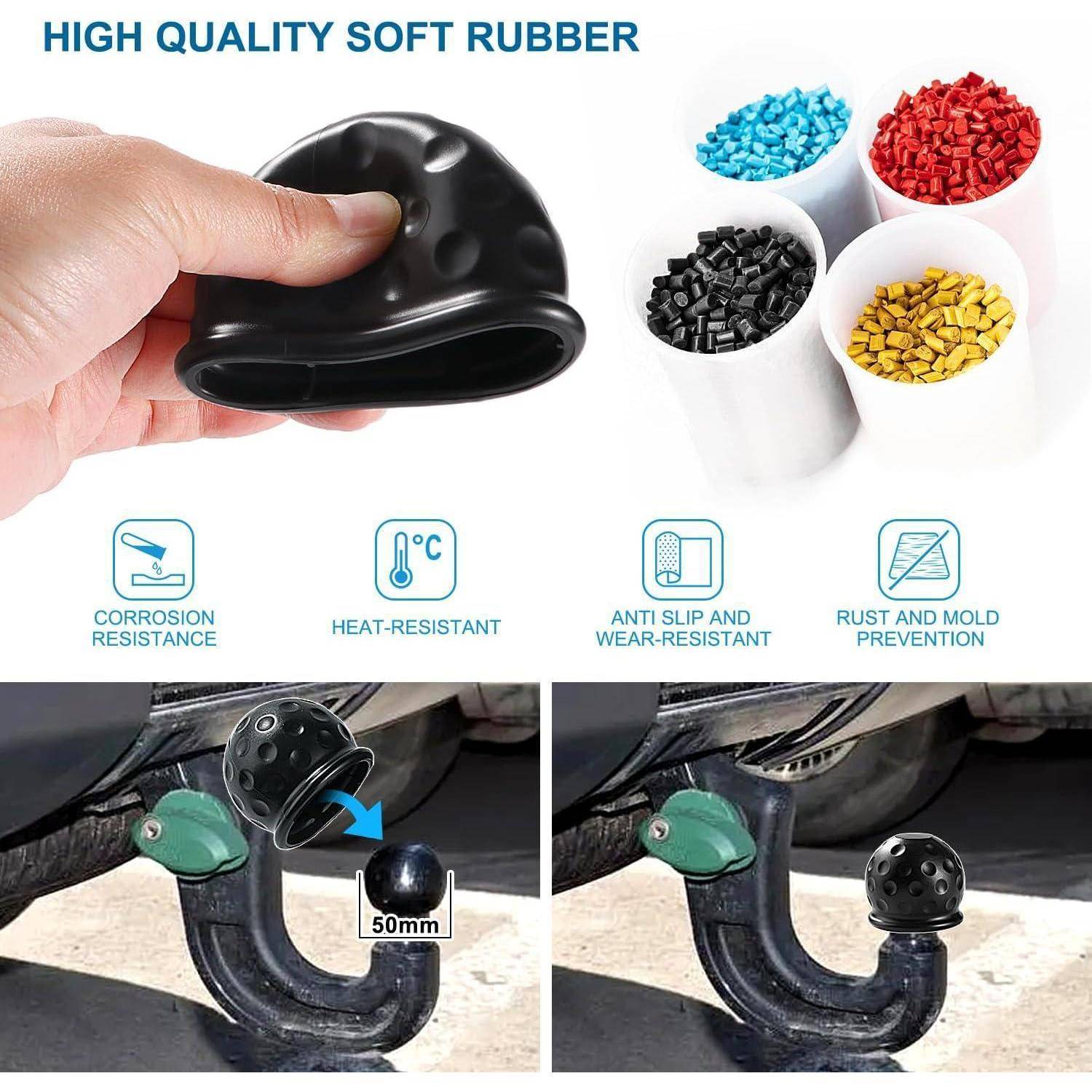 Produktbild einer schwarzen Anhängerkupplungsabdeckung aus weichem Gummi mit Materialmustern und Symbolen für Korrosions-, Hitze-, Rutsch- und Rostbeständigkeit sowie einem 50-mm-Passbeispiel.
