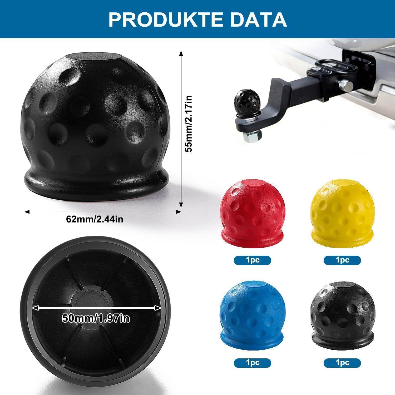 Produktdatenbild einer Anhängerkupplungsabdeckung mit Dellenmuster: 62 mm breit, 55 mm hoch, passt auf 50 mm/1,97 Zoll Kupplungskugel, gezeigt in Schwarz, Rot, Gelb und Blau.
