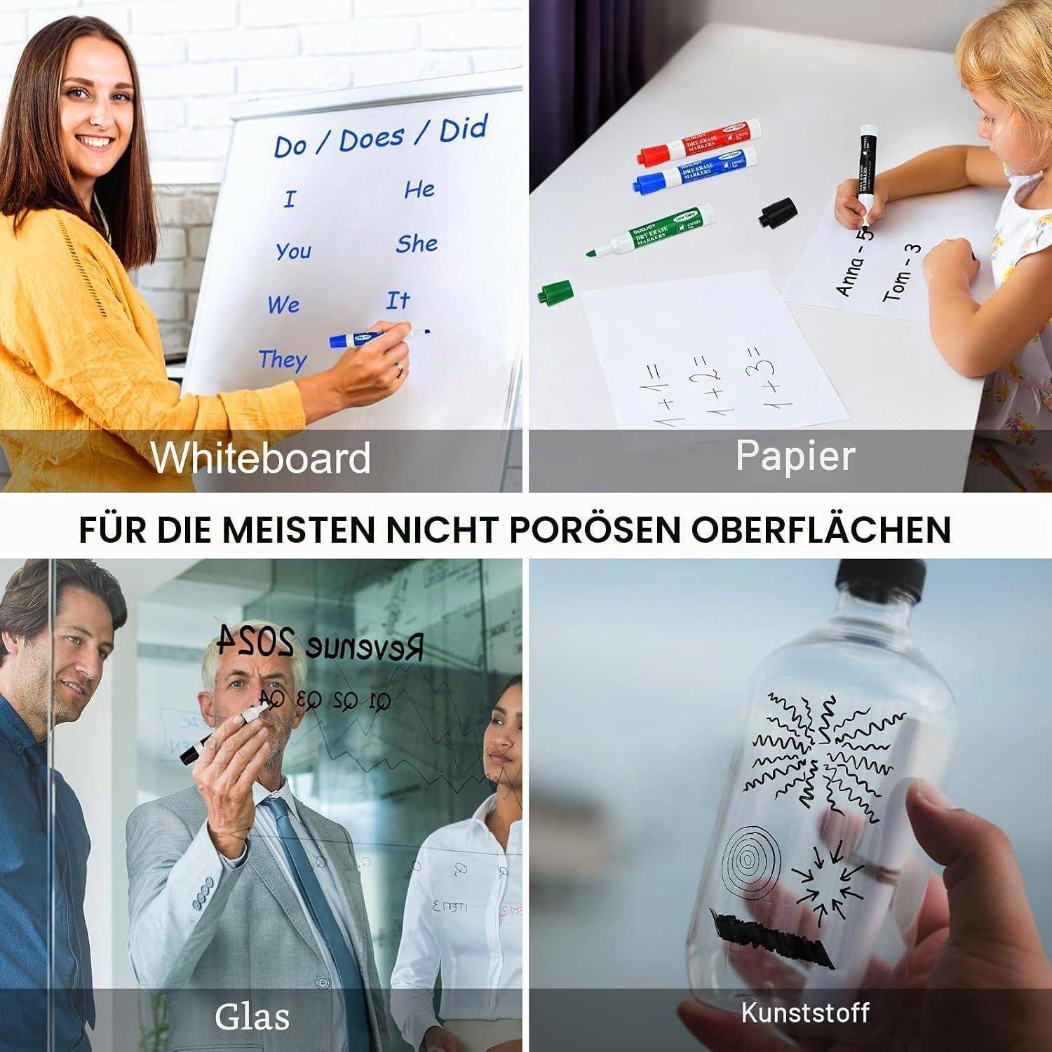 Vierfeldrige Anzeige, die einen Marker zeigt, der auf Whiteboard, Papier, Glas und Kunststoff schreibt, gekennzeichnet auf Deutsch als geeignet für die meisten nicht-porösen Oberflächen.