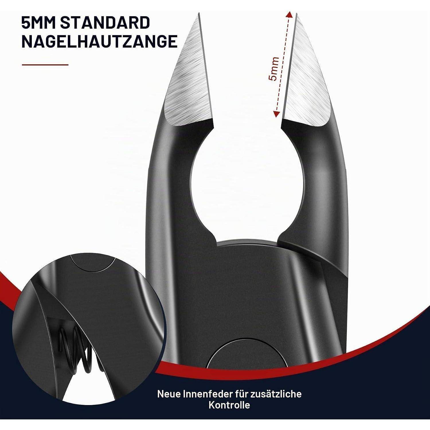 Produktgrafik einer 5 mm Standard-Nagelzange, gekennzeichnet mit „5MM STANDARD NAGELHAUTZANGE", die eine neue interne Feder für zusätzliche Kontrolle zeigt.