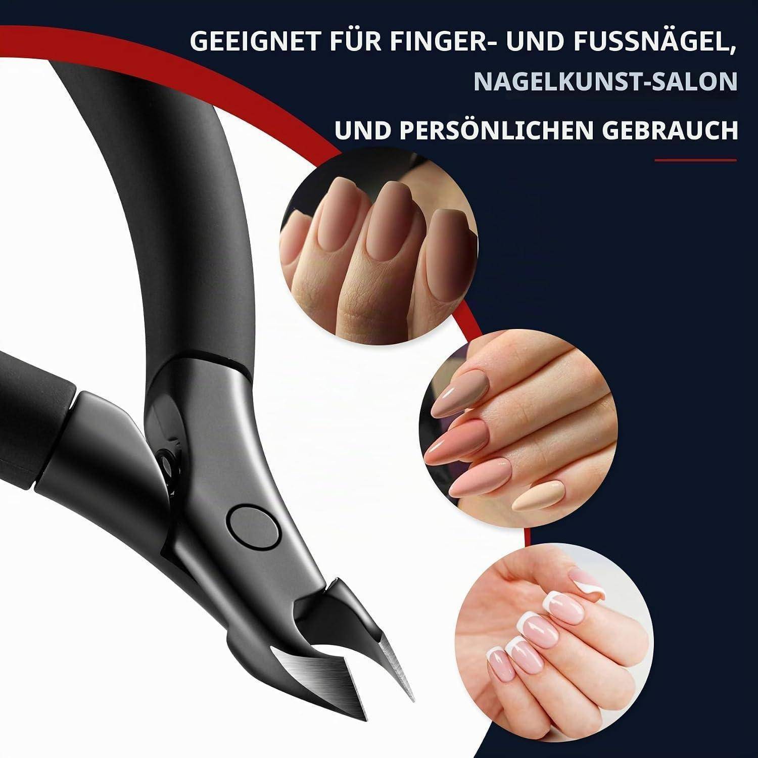 Schwarzer elektrischer Nagelknipser mit geschnittenen Nägeln und drei kreisförmigen Nahaufnahmen von manikürierten Fingernägeln; deutscher Text besagt, dass er für Fingernägel, Fußnägel, Nagelstudios und den persönlichen Gebrauch geeignet ist.