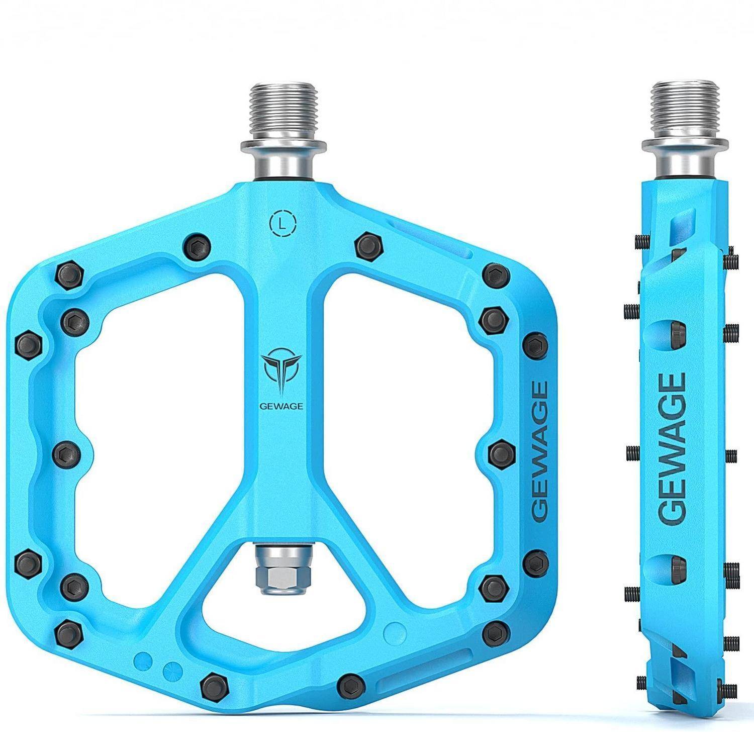 Blue GeWage Fahrradpedal in Vorder- und Seitenansicht, mit Metallgewindewelle und schwarzen Griffen.