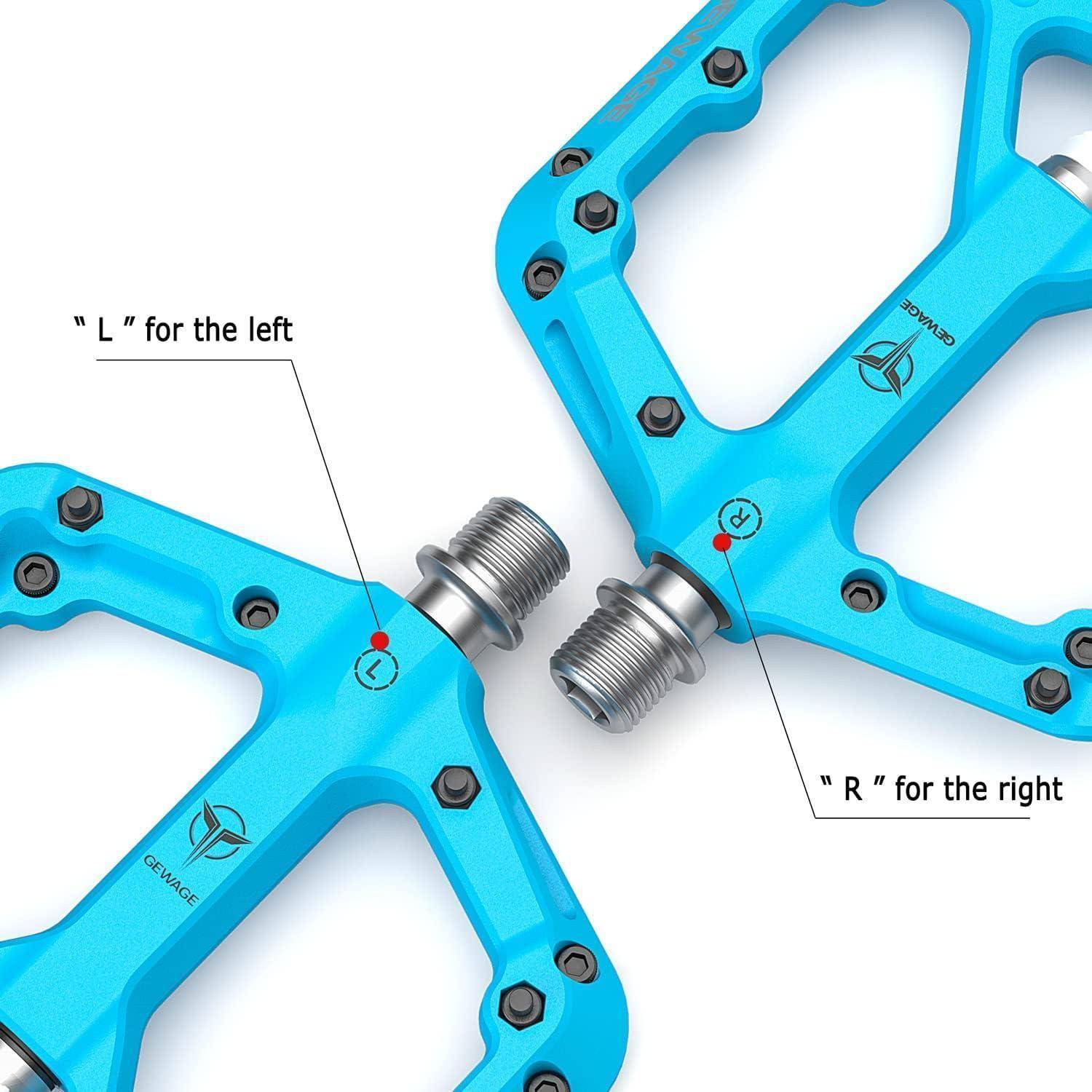 Paar blauer Fahrradpedale, dargestellt als linkes und rechtes Pedal, gekennzeichnet mit „L" für links und „R"" für rechts, mit hervorgehobenen Gewindelwellen für die Installationsorientierung.