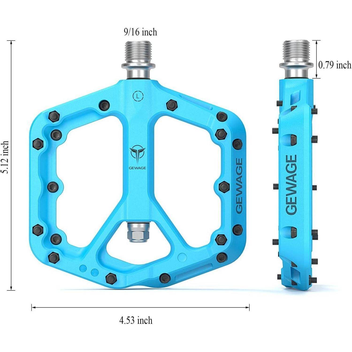 Dimensioniertes Bild eines blauen GEWAGE-Fahrradpedals in Vorder- und Seitenansicht, beschriftet mit 4,53 Zoll Breite, 5,12 Zoll Höhe und 0,79 Zoll Dicke mit 9/16-Zoll-Gewinde.