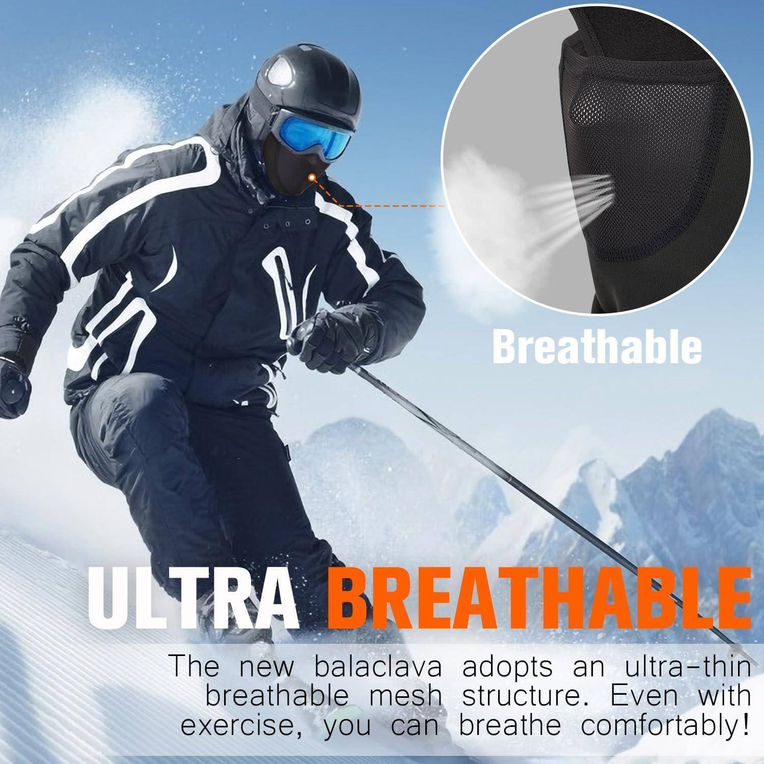 Skifahrer in schwarzer Winterkleidung mit Sturmhaube, mit eingefügter Nahaufnahme des atmungsaktiven Netzes; Text sagt „ULTRA ATMUNGSAKTIV" und „Atmungsaktiv"".