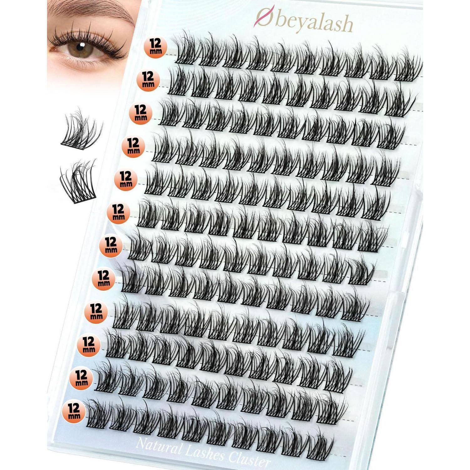 Eyebeyalash-Wimpernstreifen-Tablett mit mehreren Reihen schwarzer 12-mm-Wimpernbüschel mit falschen Wimpern, mit einem Modellaugeninlage, das den angewendeten Look demonstriert.