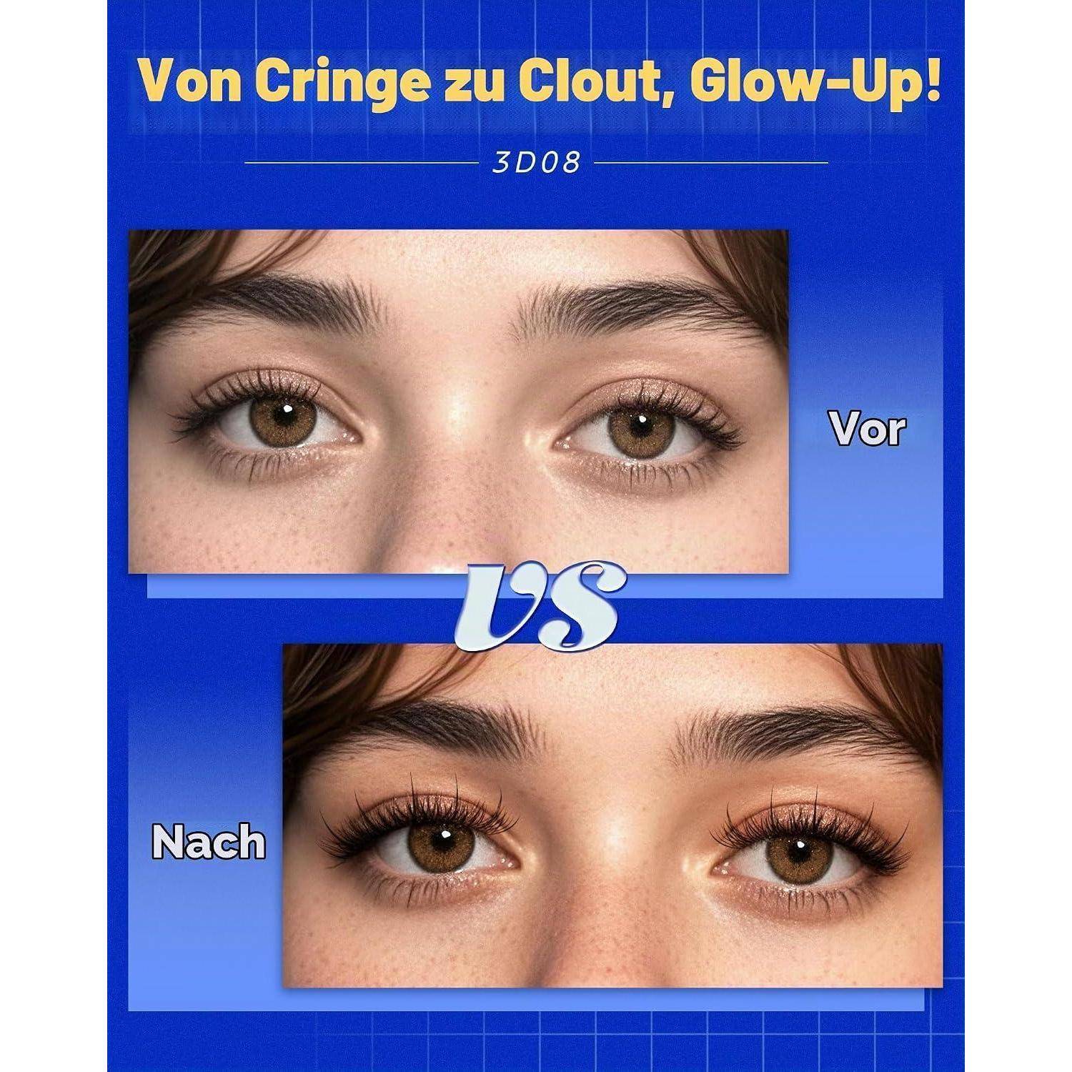 Vorher-und-Nachher-Nahaufnahme der Augen einer Frau, die oben einen einfachen 