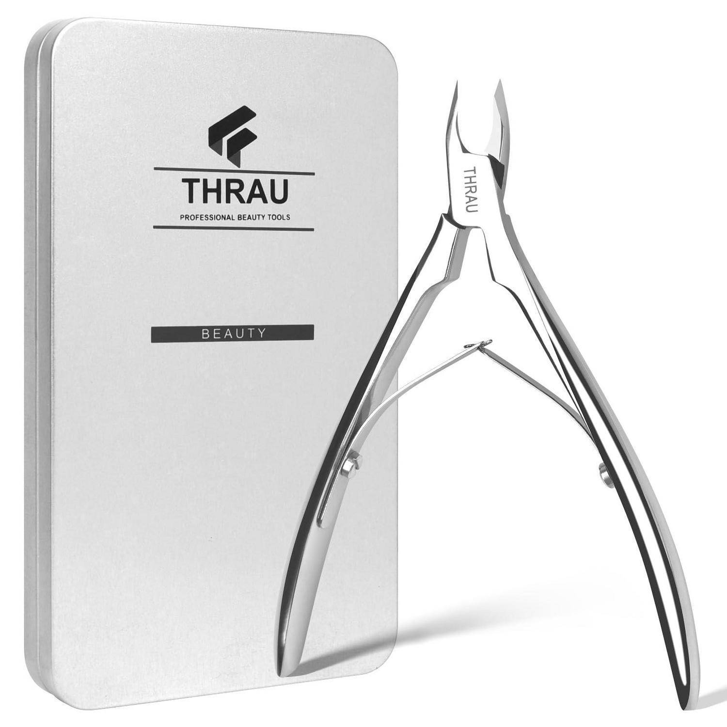 Silber THRAU Schönheitswerkzeug Nagelknipser neben einem passenden Metallgehäuse, auf weißem Hintergrund dargestellt.