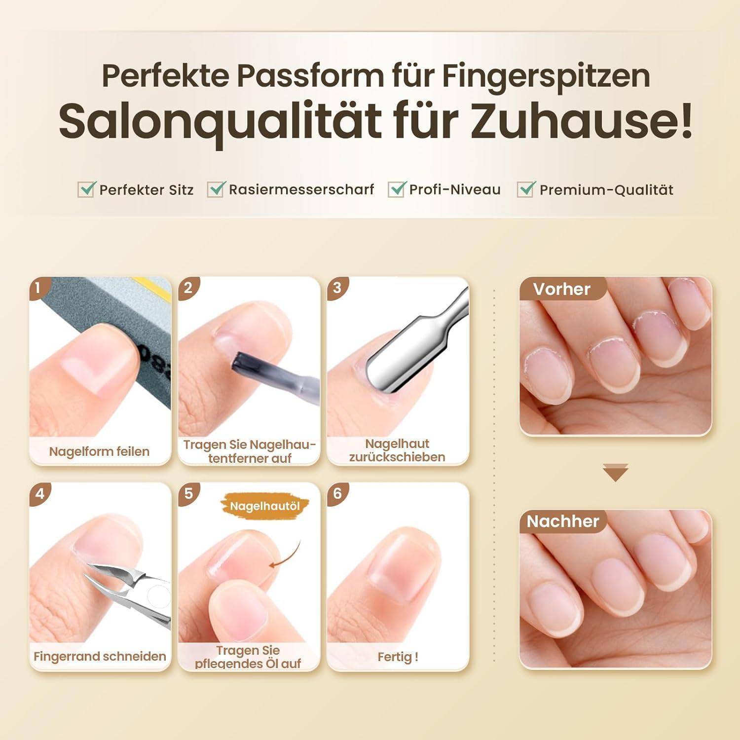 Deutsch-Maniküre-Anzeige mit Schritt-für-Schritt-Nagelpflege für Nagelstudio-Qualität zu Hause, mit Vorher-und-Nachher-Fotos von gepflegten, natürlich aussehenden Fingernägeln.