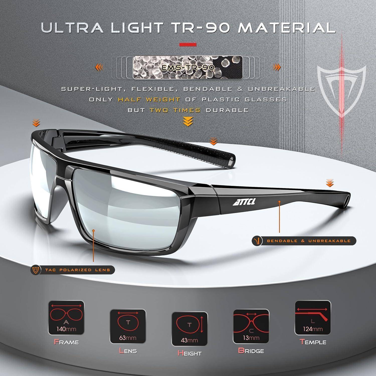 Werbebild einer schwarzen Sportbrille mit Umhängbügeln mit der Aufschrift „ULTRA LEICHT TR-90 MATERIAL", das die Eigenschaften Super-Leicht, Flexibel, Biegbar, Bruchsicher, TAC-polarisierte Linse und Größenangaben hervorhebt.