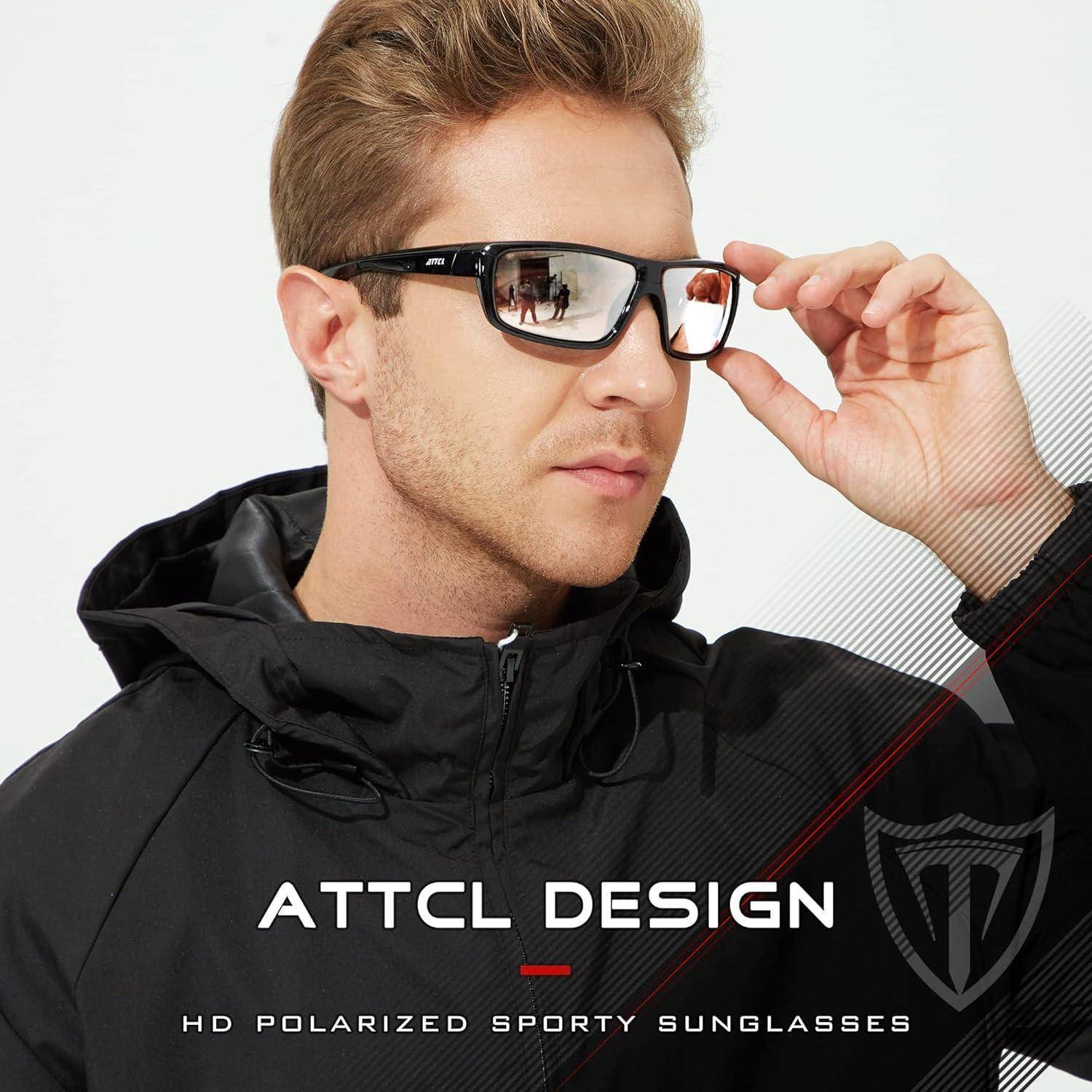 Mann in schwarzer Jacke und schwarzen polarisierten Sport-Sonnenbrillen, der die Fassung anpasst; Produktanzeigentext liest „ATTCL DESIGN" und „HD POLARISIERTE SPORT-SONNENBRILLEN"".