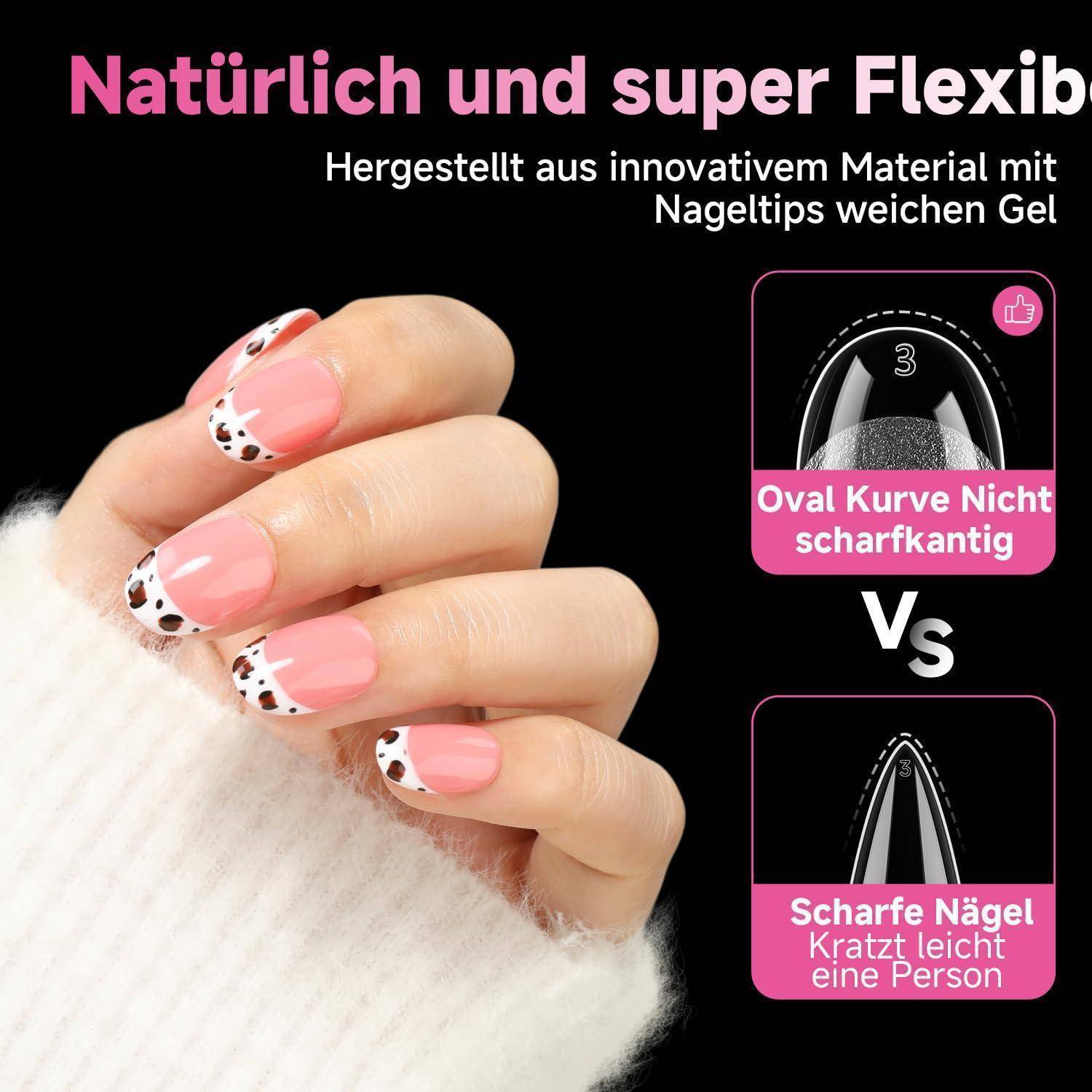 Hand mit glänzend rosa Nägeln und schwarzen Punkten an den Spitzen; Vergleichsgrafik zeigt, dass abgerundete ovalförmige Nägel nicht scharf sind, im Gegensatz zu scharfen Nägeln, die kratzen können.