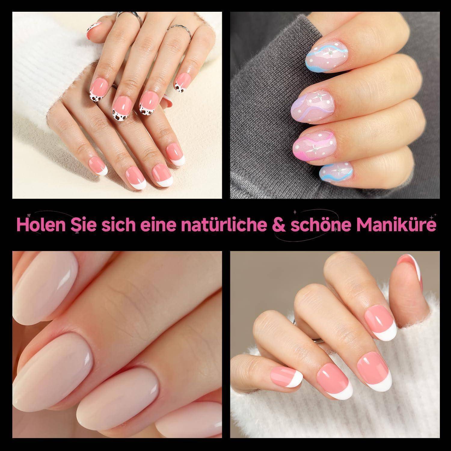 Collage aus vier Nahaufnahmen von Manikürefotos, die natürlich aussehende rosa Nägel mit französischen Spitzen und Pastelldesigns zeigen; deutscher Text lautet 