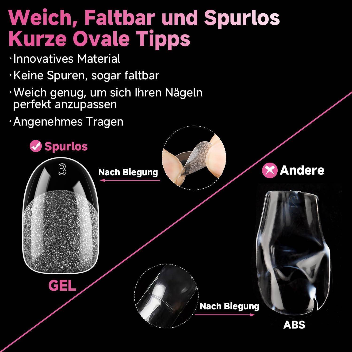 Weiches, faltbares und spurloses Kurze-Ovale-Spitzen-Vergleich: Gel-Nagelspitzen sind flexibel, spurlos und bequem, im Gegensatz zu steifen ABS-Spitzen, die nach dem Biegen Falten werfen.