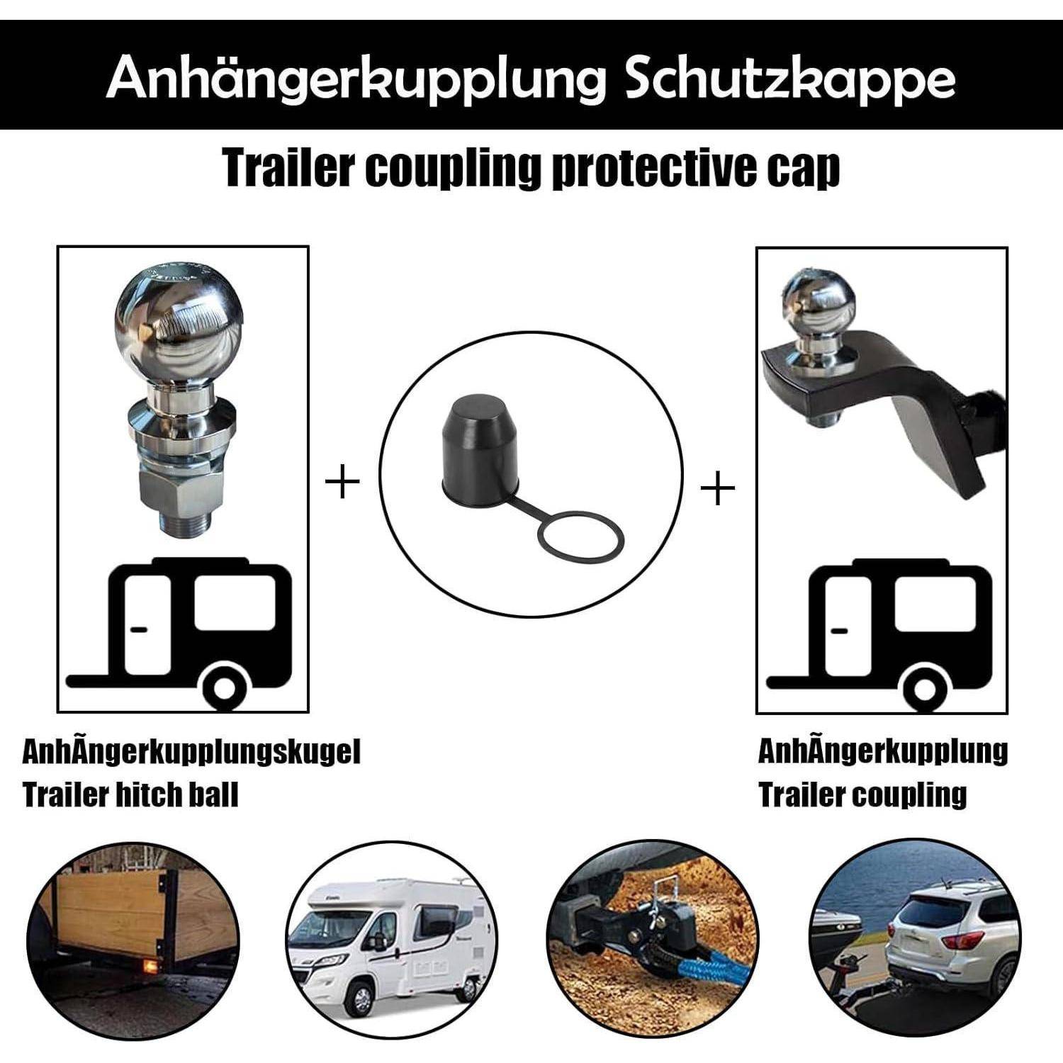 Schutzkupplung für Anhängerkupplungen dargestellt als Kappe plus Anhängerkugel und Kupplung, mit Fotos der Verwendung an Fahrzeugen.