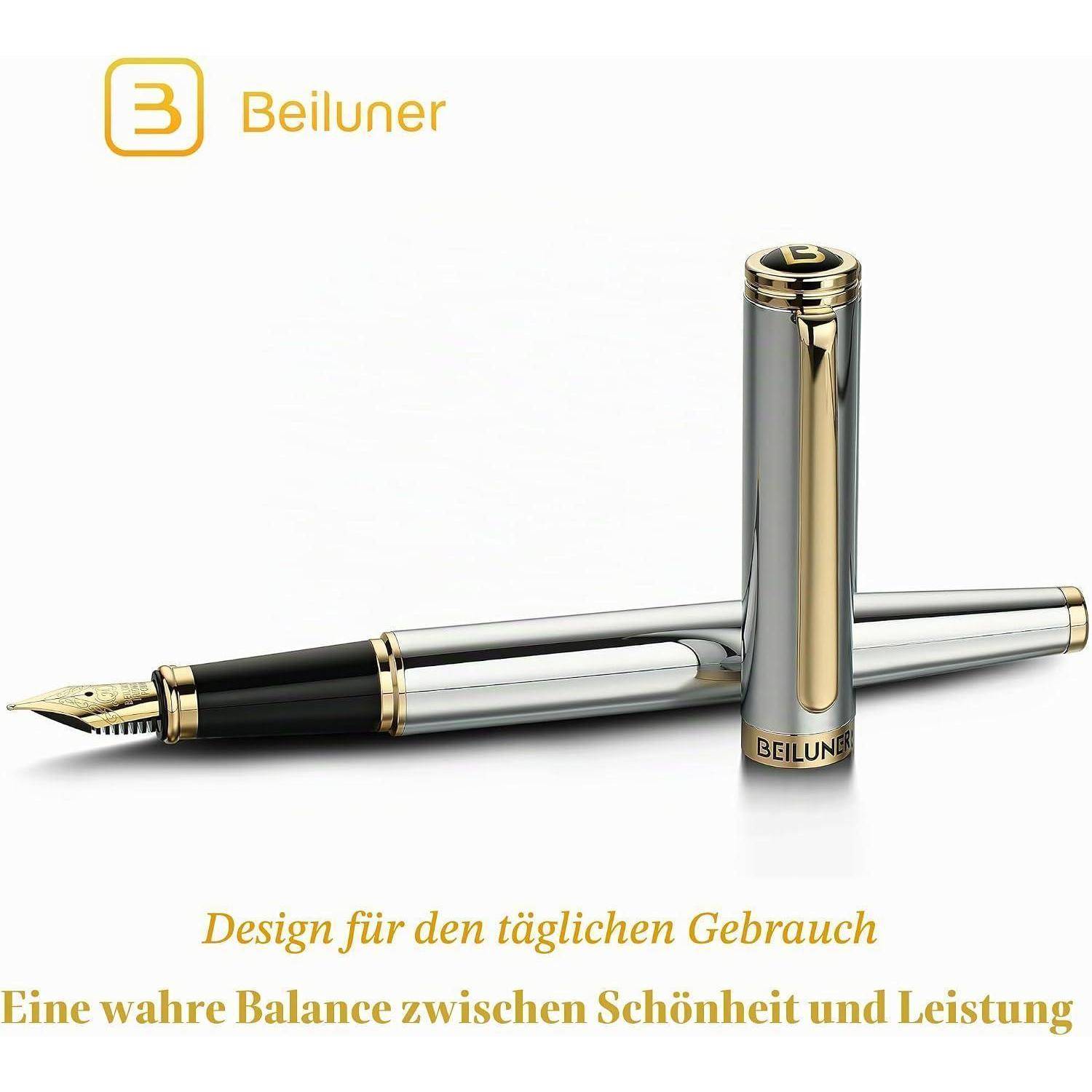 Beiluner Füllhalter mit Kappe und Feder dargestellt, neben deutschem Text: „Design für den täglichen Gebrauch