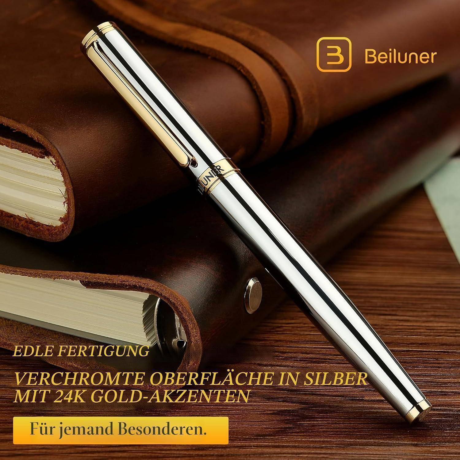Goldsilberstift auf braunen Ledernotizbüchern mit Beiluner-Branding und deutschem Text, der Chromfinish mit 24-Karat-Goldakkzenten bewirbt, für jemanden Besonderen.