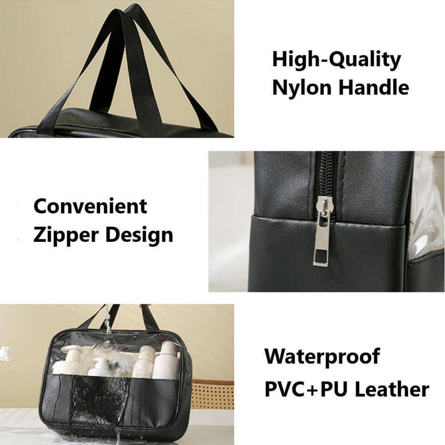Collage einer schwarzen Tasche mit hochwertigem Nylon-Griff, praktischem Reißverschlussdesign und wasserdichtem PVC+PU-Leder.