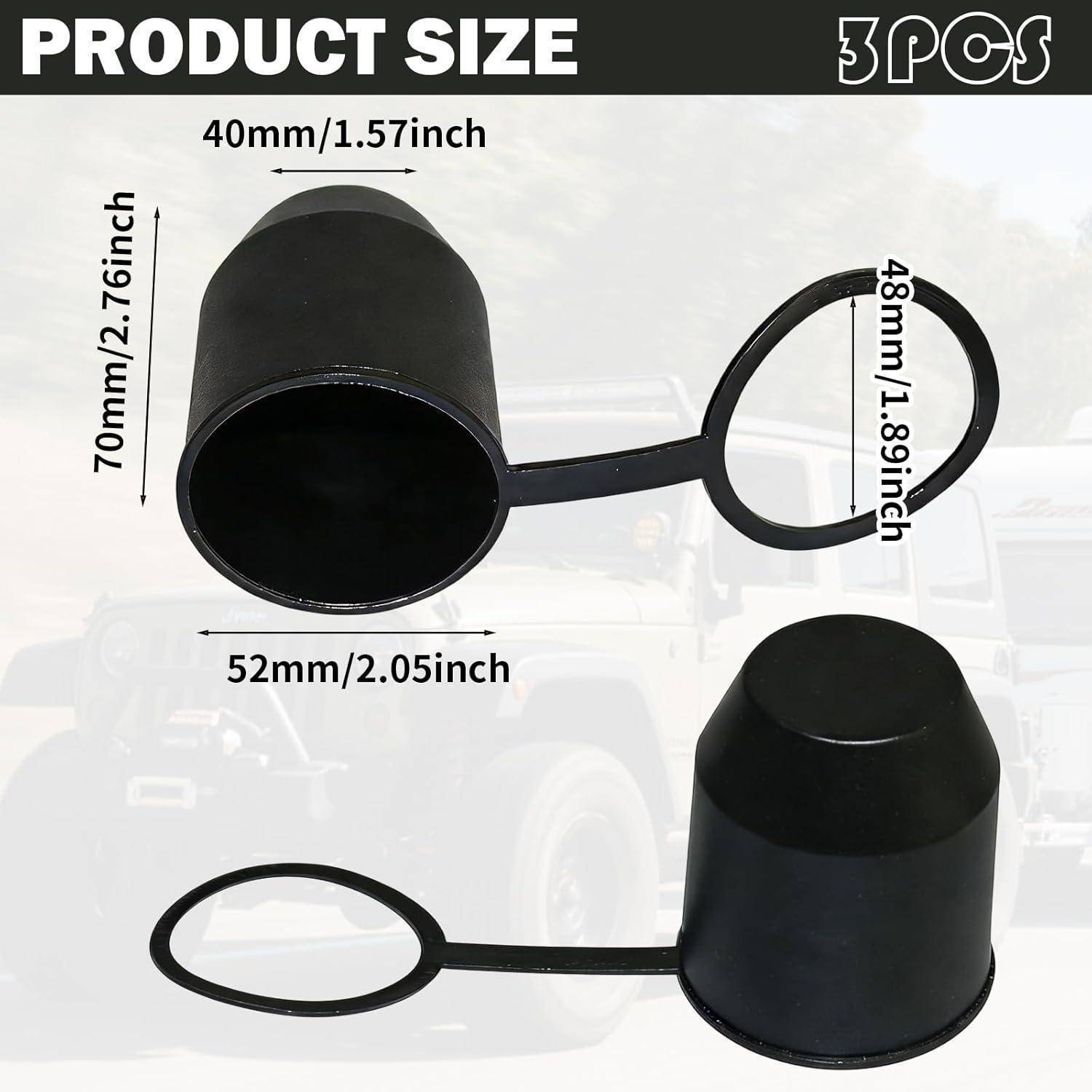 Größendiagramm für eine 3-teilige schwarze Kappe: 40 mm oberer Durchmesser, 70 mm Höhe, 52 mm Öffnung und 48 mm Ringdurchmesser.