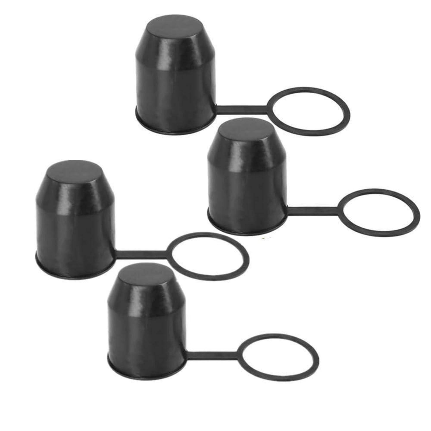 Vier schwarze Gummi-Endkappen mit angebrachten Zugringen, auf weißem Hintergrund angeordnet.