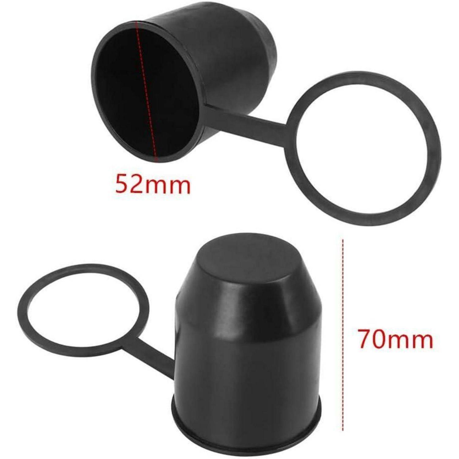 Schwarze Kunststoffschutzkappe mit Griffring, dargestellt in Draufsicht und Seitenansicht, mit Beschriftung 52 mm breit und 70 mm hoch.