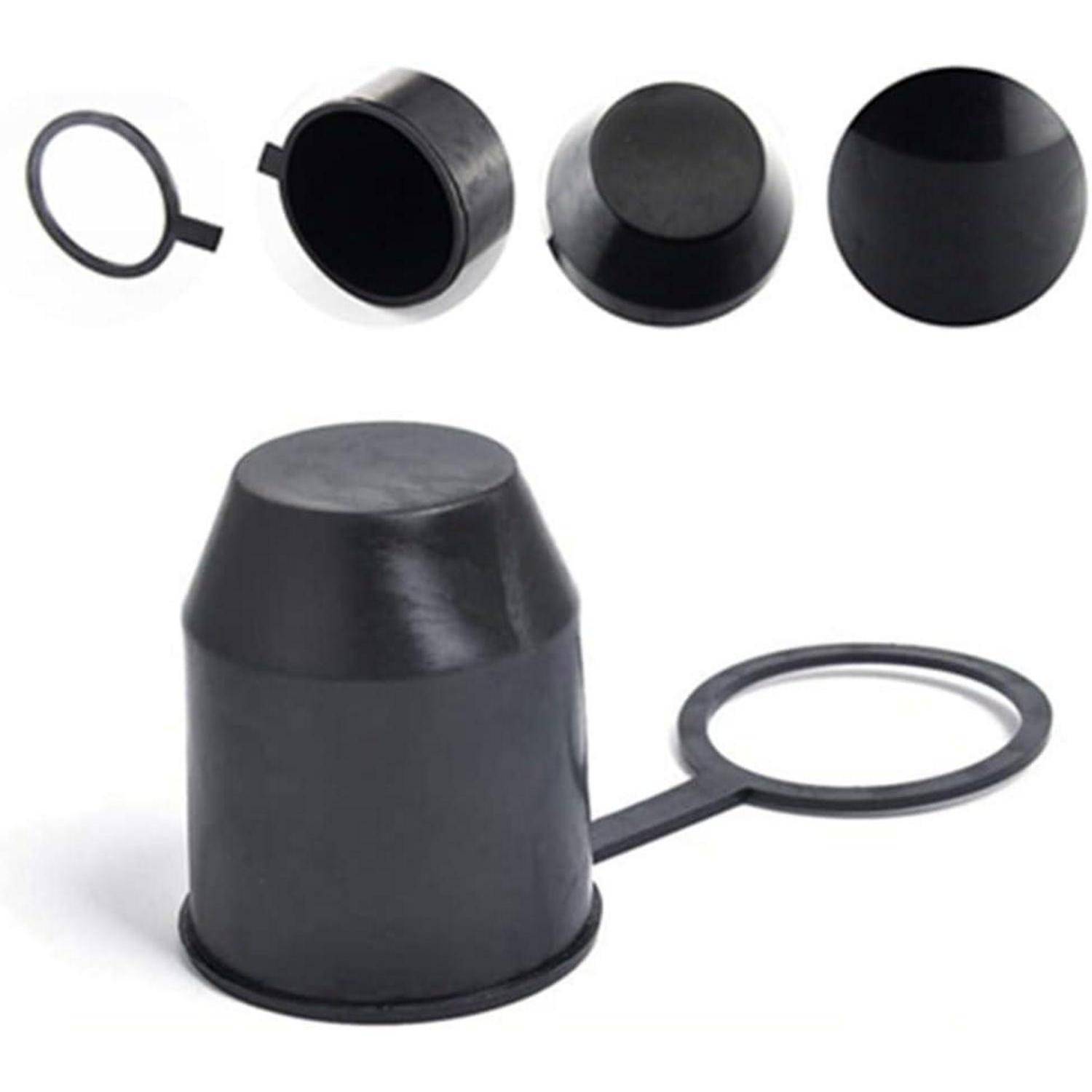 Schwarze Gummiendkappe mit Zugring, dargestellt aus mehreren Winkeln, einschließlich einer Nahaufnahme der angepassten Kappe und des separaten Ringgriffs.