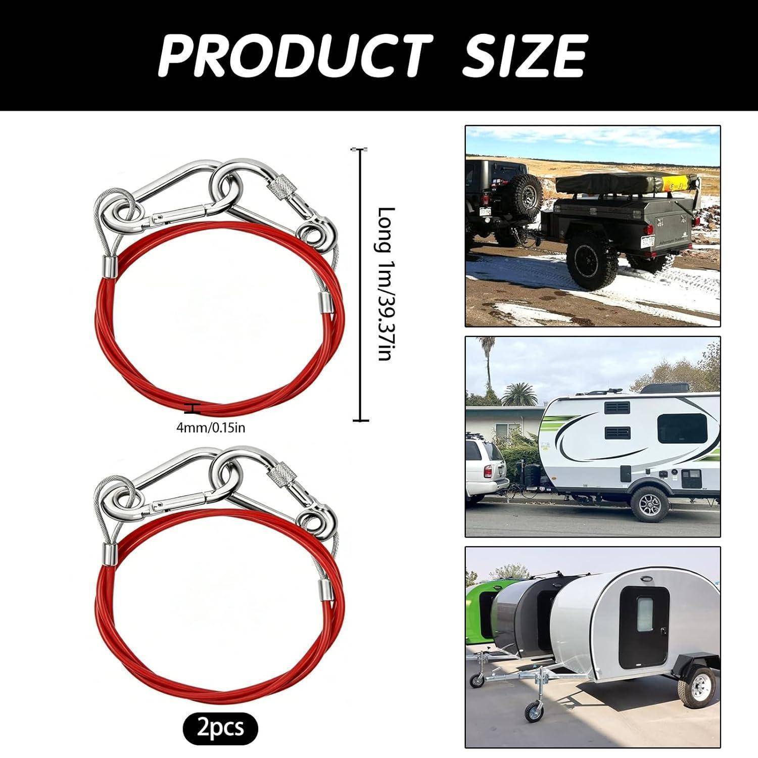 Größentabelle des Produkts mit zwei roten Stahlsicherheitskabeln, jeweils 4 mm breit und 1 m lang (39,37 Zoll), mit Fotos der Verwendung auf Anhängern und Wohnwagen.