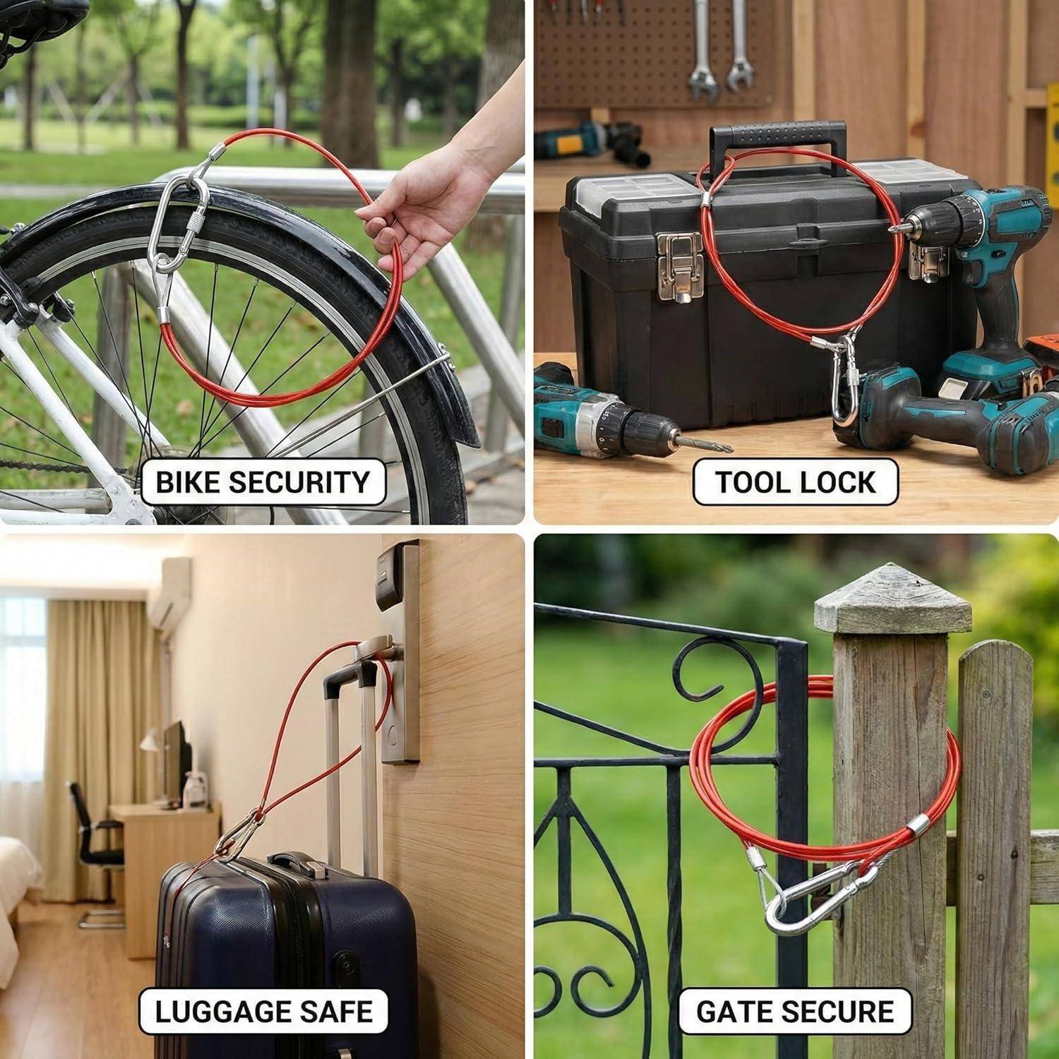 Vierteiliges Bild, das ein rotes Kabelsperrschloss, das ein Fahrradrad sichert, eine Werkzeugkiste, einen Koffer und ein Tor zeigt, beschriftet mit „FAHRRAD-SICHERHEIT