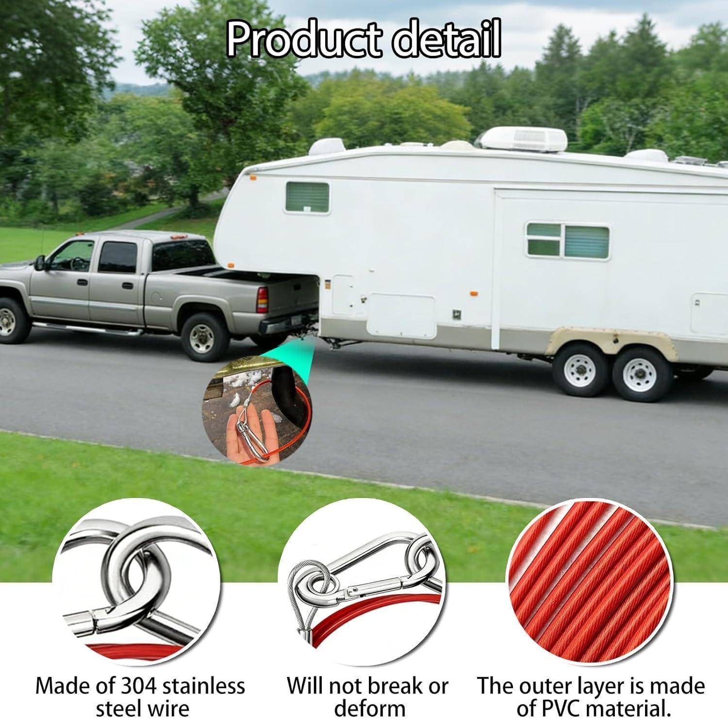 Pickup-Truck zieht einen weißen Wohnwagen, mit Produktdetail-Hinweisen, die ein Edelstahlkabel aus 304er Edelstahl mit einer Belastbarkeit von 4000 lb und eine strapazierfähige PVC-Außenschicht zeigen.