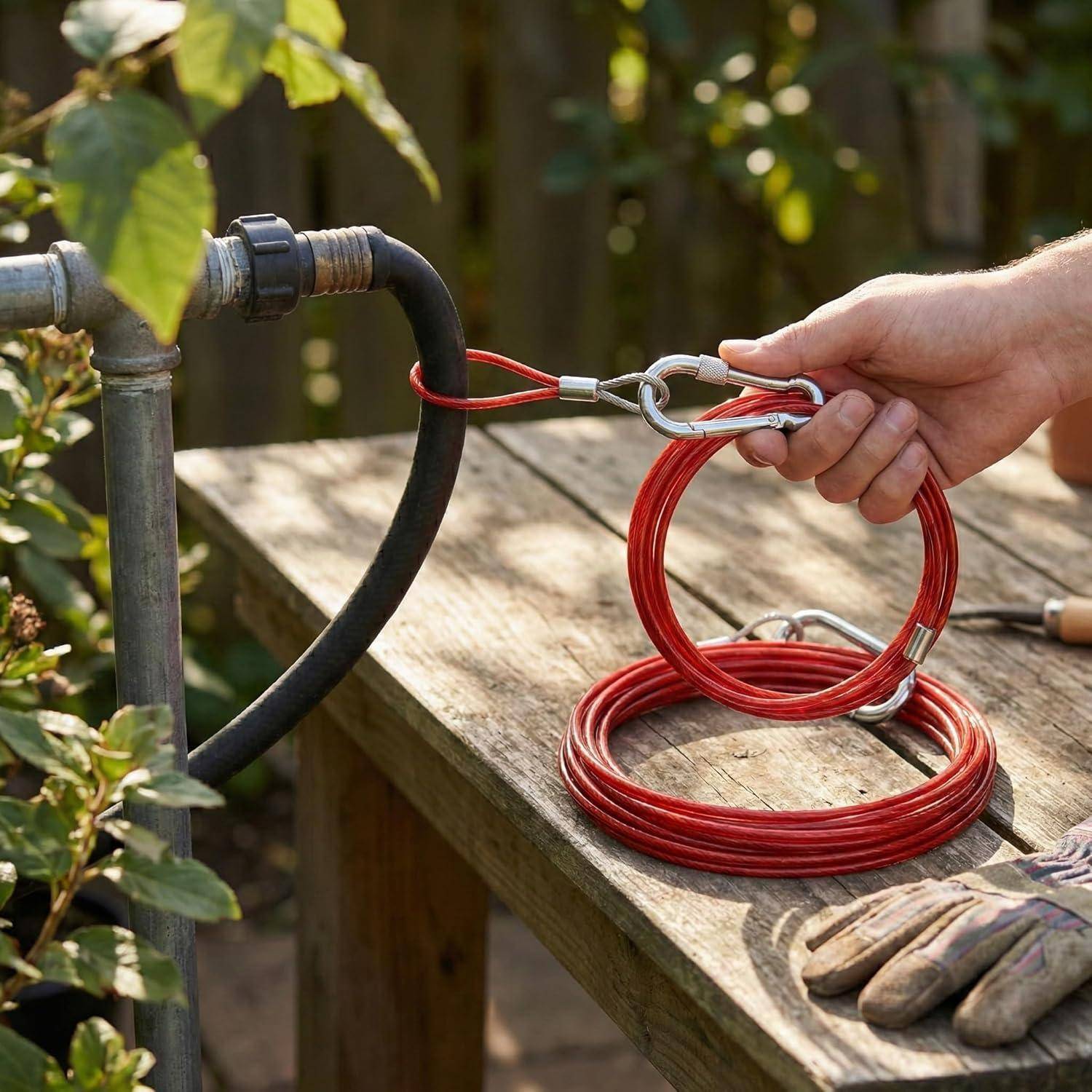 Hand hält eine rote Schlauchirrung, die an einem Gartenschlauch auf einer Holzbank befestigt ist, mit Handschuhen in der Nähe.