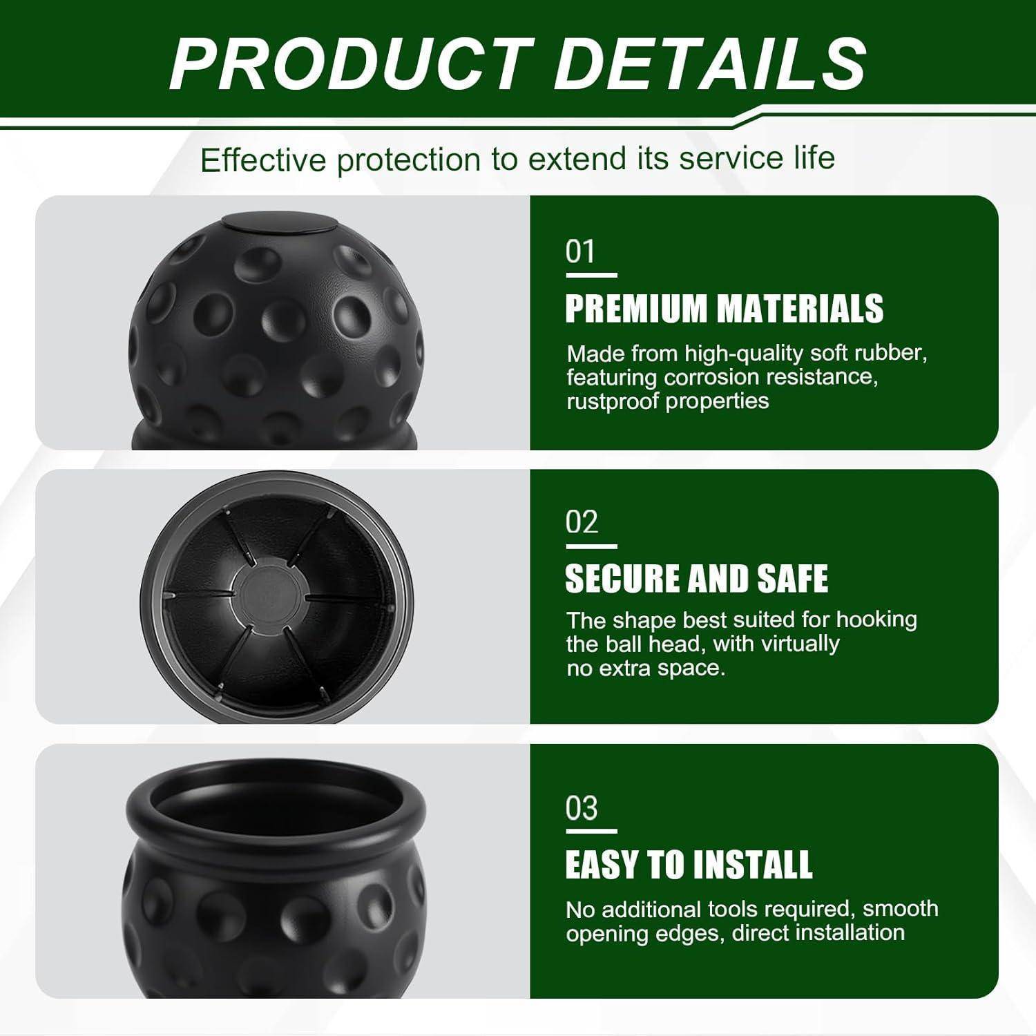 Produktdetails-Infografik für eine Kupplungskugelabdeckung: Premium-Weichgummi, sichere Passung für den Kugelkopf und mühelose werkzeugfreie Installation.