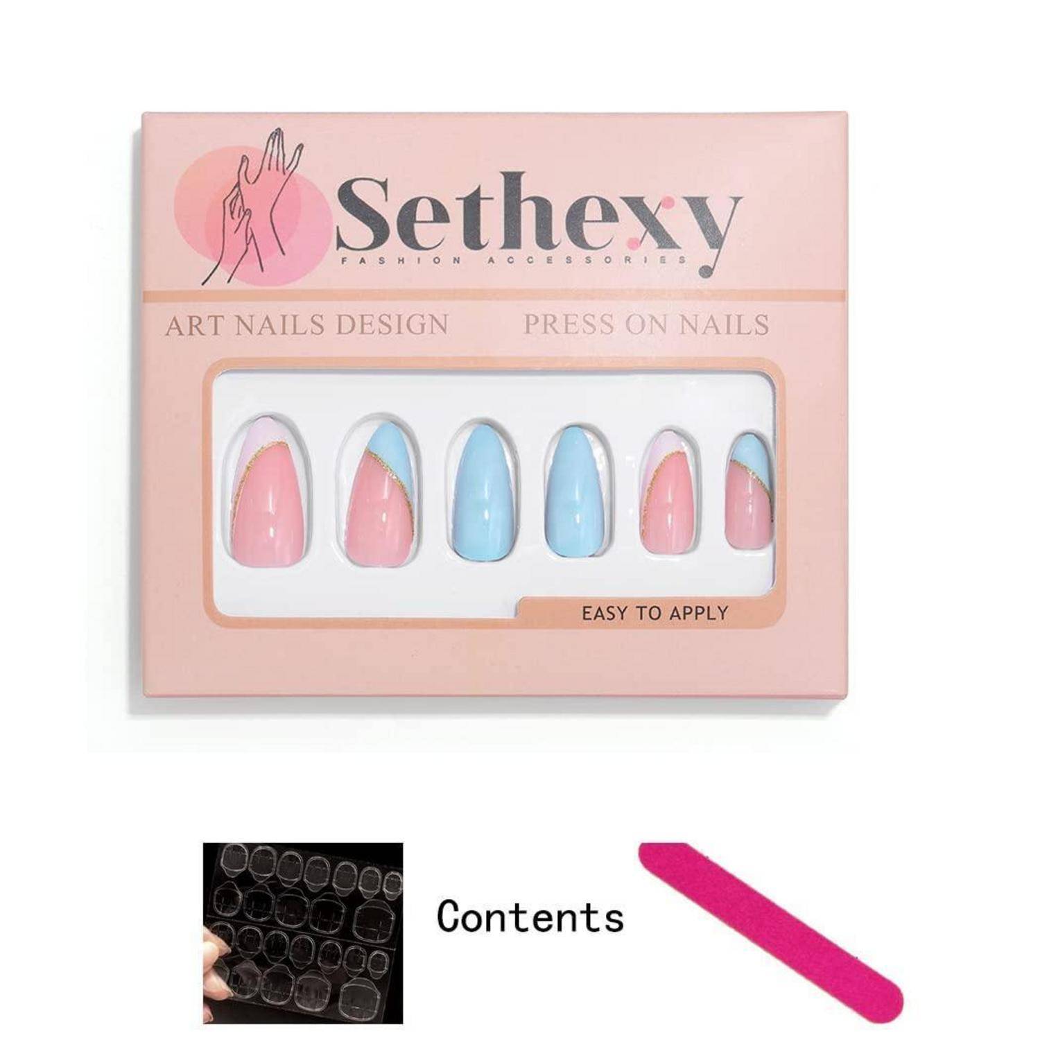 Sethexy-Produktverpackung für Press-on-Nails mit rosa und blauen Nageldesigns; ein Inhaltsverzeichnis und ein kleines Bild eines Nageltabletts sind unten abgebildet.