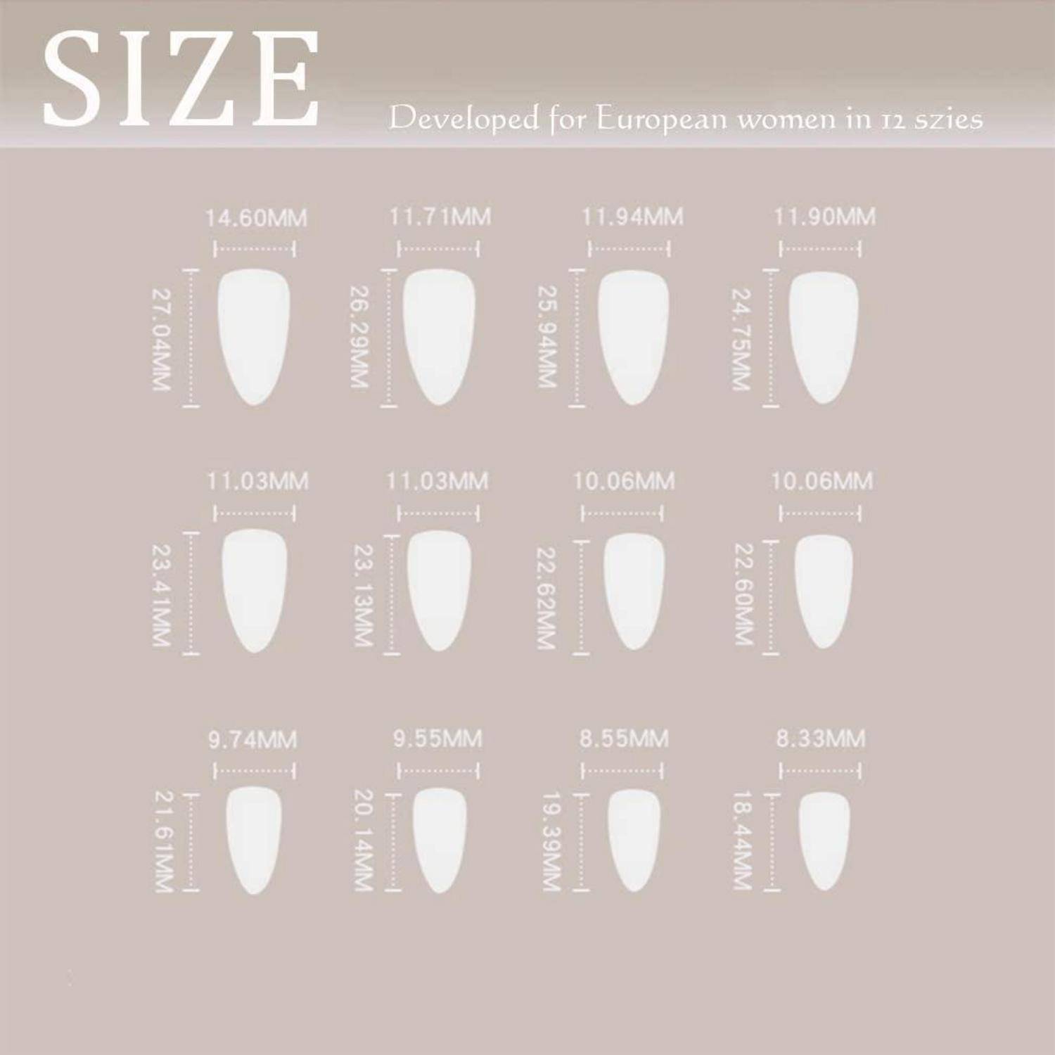 Größentabelle mit 12 weißen Nagelspitzenformen in Millimetern gekennzeichnet, mit dem Titel „GRÖSSE