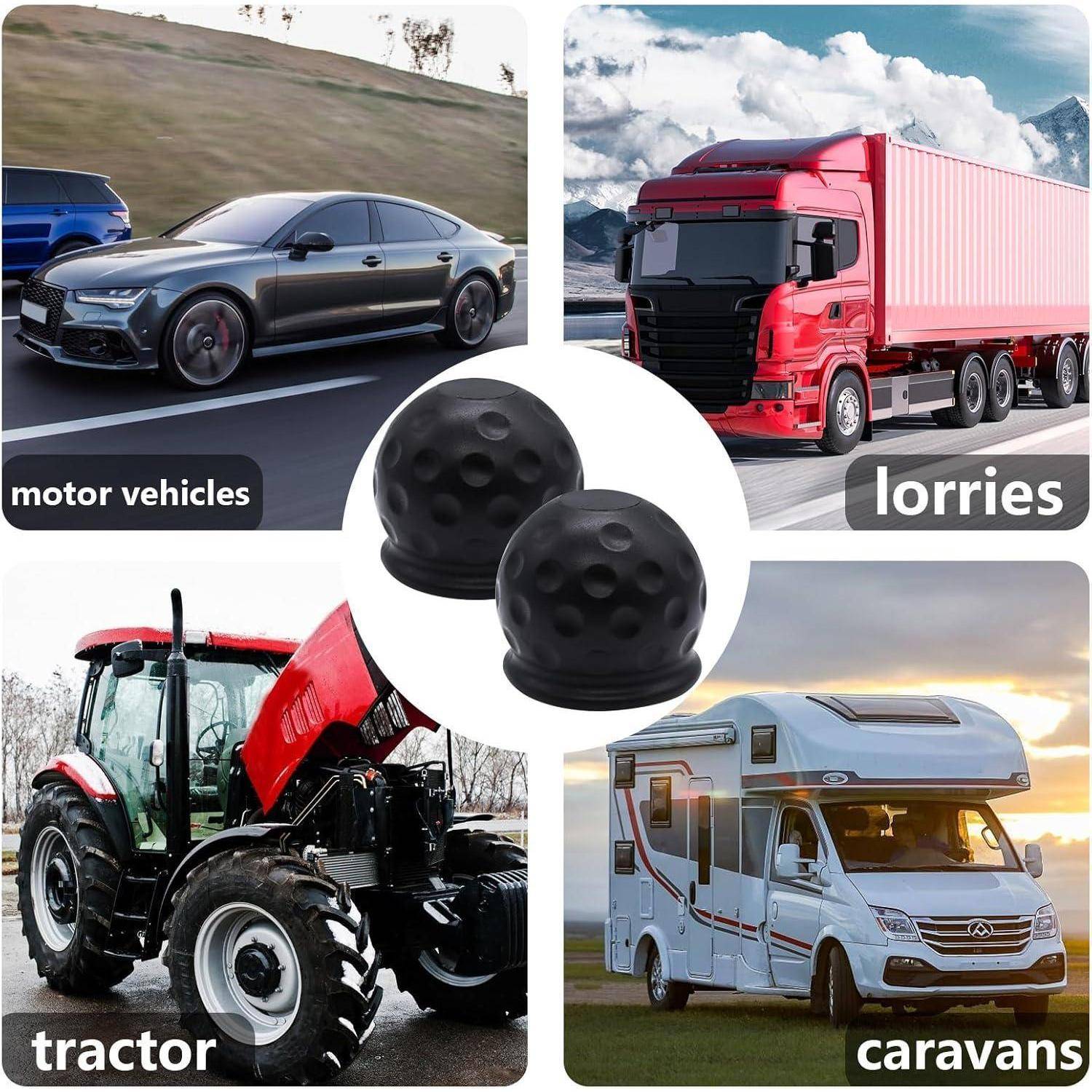 Collage von Fahrzeugtypen mit den Beschriftungen Motorfahrzeuge, Lastkraftwagen, Traktor und Wohnwagen, mit zwei schwarzen Golfbällen in der Mitte über den vier Bildern.