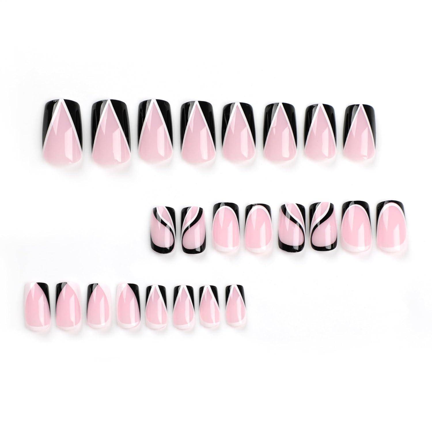 Drei Reihen glänzender rosa-schwarzer Nageldesigns, einschließlich einfarbig rosa, schwarze Spitzen und zebrastreifige Muster auf weißem Hintergrund.