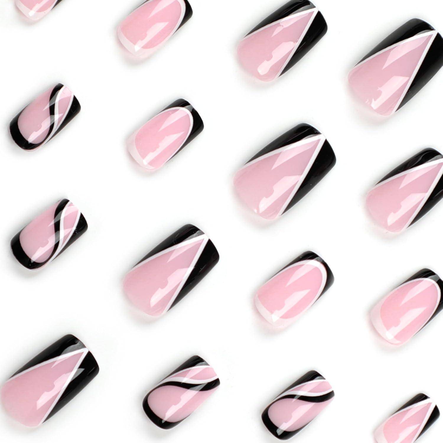 Muster aus glänzenden rosa-schwarzen künstlichen Nägeln auf weißem Hintergrund, diagonal wie ein Designmuster angeordnet.