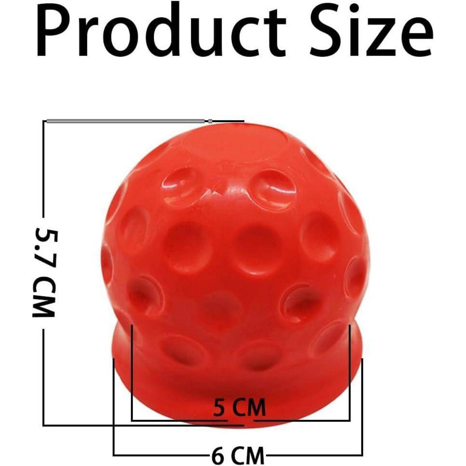 Größentabelle für Produkt mit rotem strukturiertem Ball: 5,7 cm hoch, 6 cm breit und 5 cm Basisbreite.
