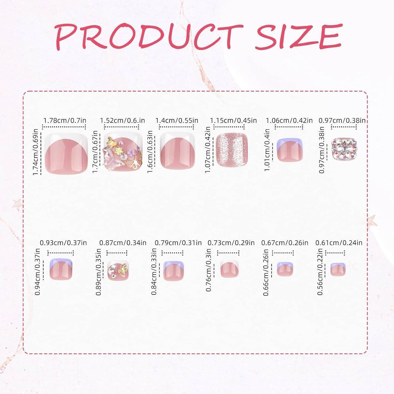Produktgrößentabelle mit 12 dekorativen Nagelspitzen mit Breiten- und Längenmessungen in Zentimetern und Zoll, die von 1,78 cm/0,7 Zoll bis 0,61 cm/0,24 Zoll reichen.