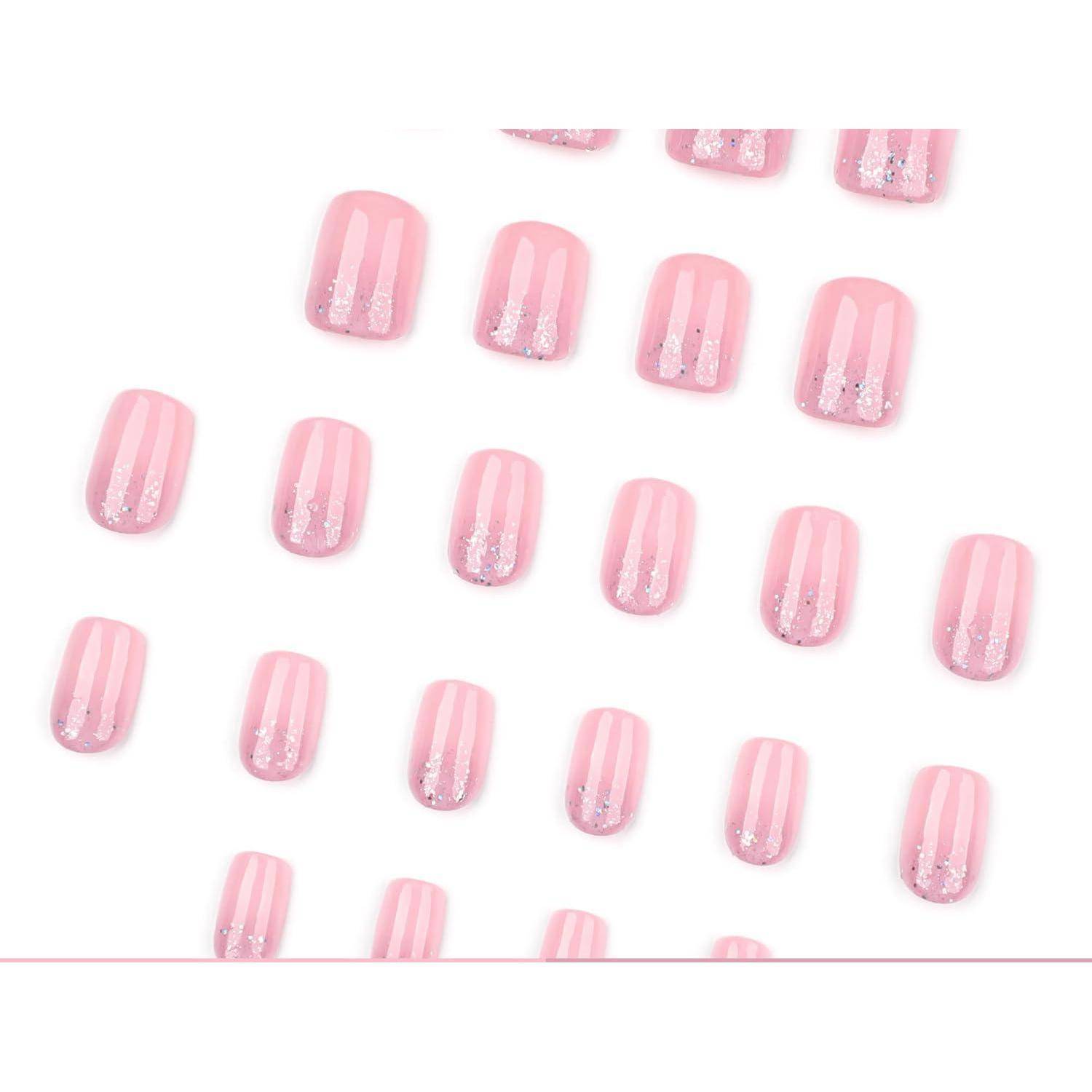 Rosa glitzernde gestreifte Aufklebenägel auf weißem Hintergrund angeordnet, als produktstylistische Präsentation gezeigt.
