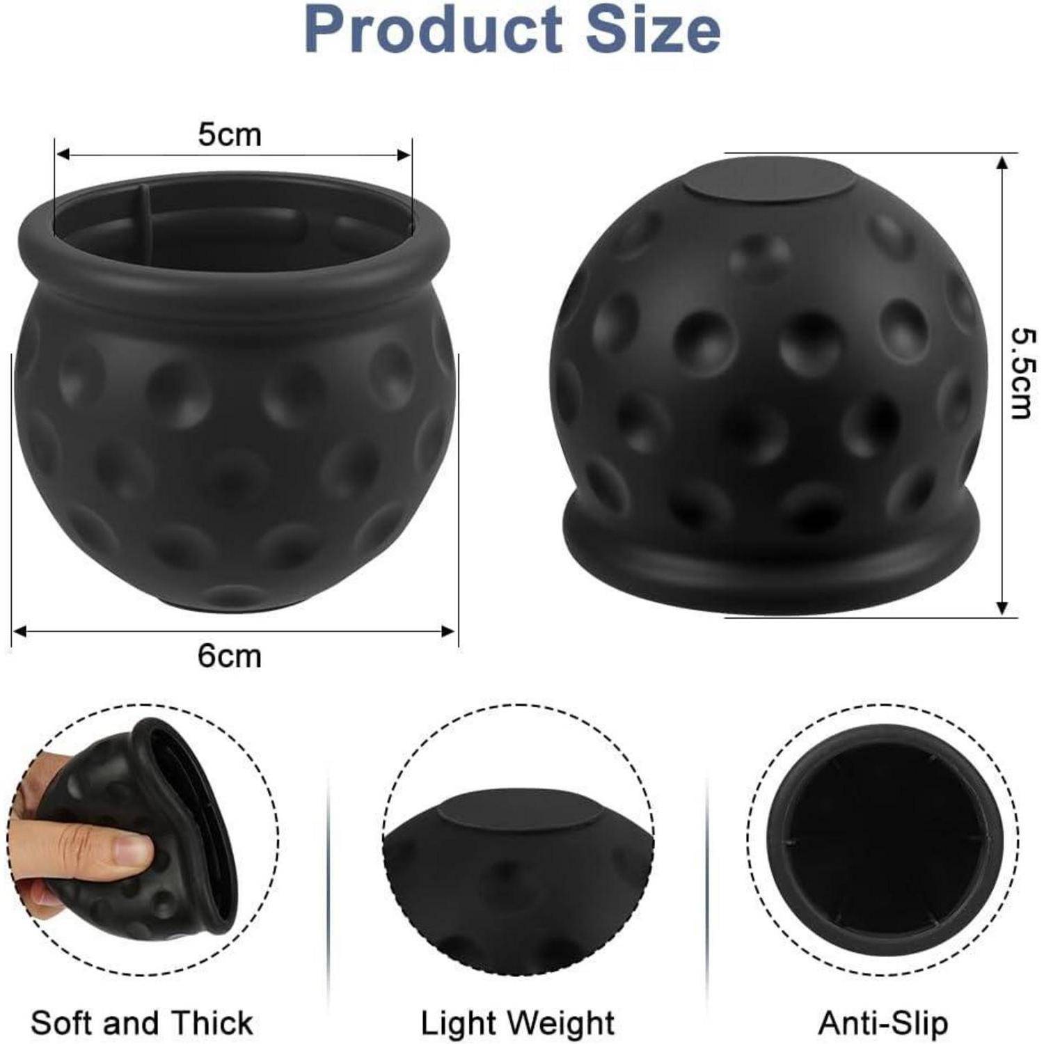 Größendiagramm eines schwarzen strukturierten Silikonbechers: 6 cm breit und 5,5 cm hoch, dargestellt mit Nahaufnahmen mit den Bezeichnungen weich und dick, leicht und rutschfest.