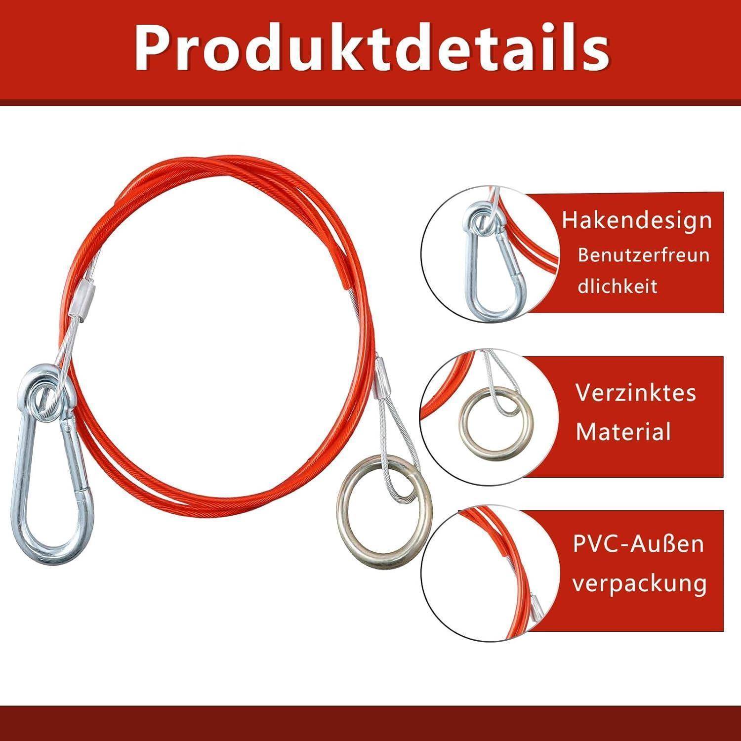 Produktdetail-Grafik, die ein rotes Kabel mit Metallhaken und Ringen zeigt, beschriftet mit „Hakendesign