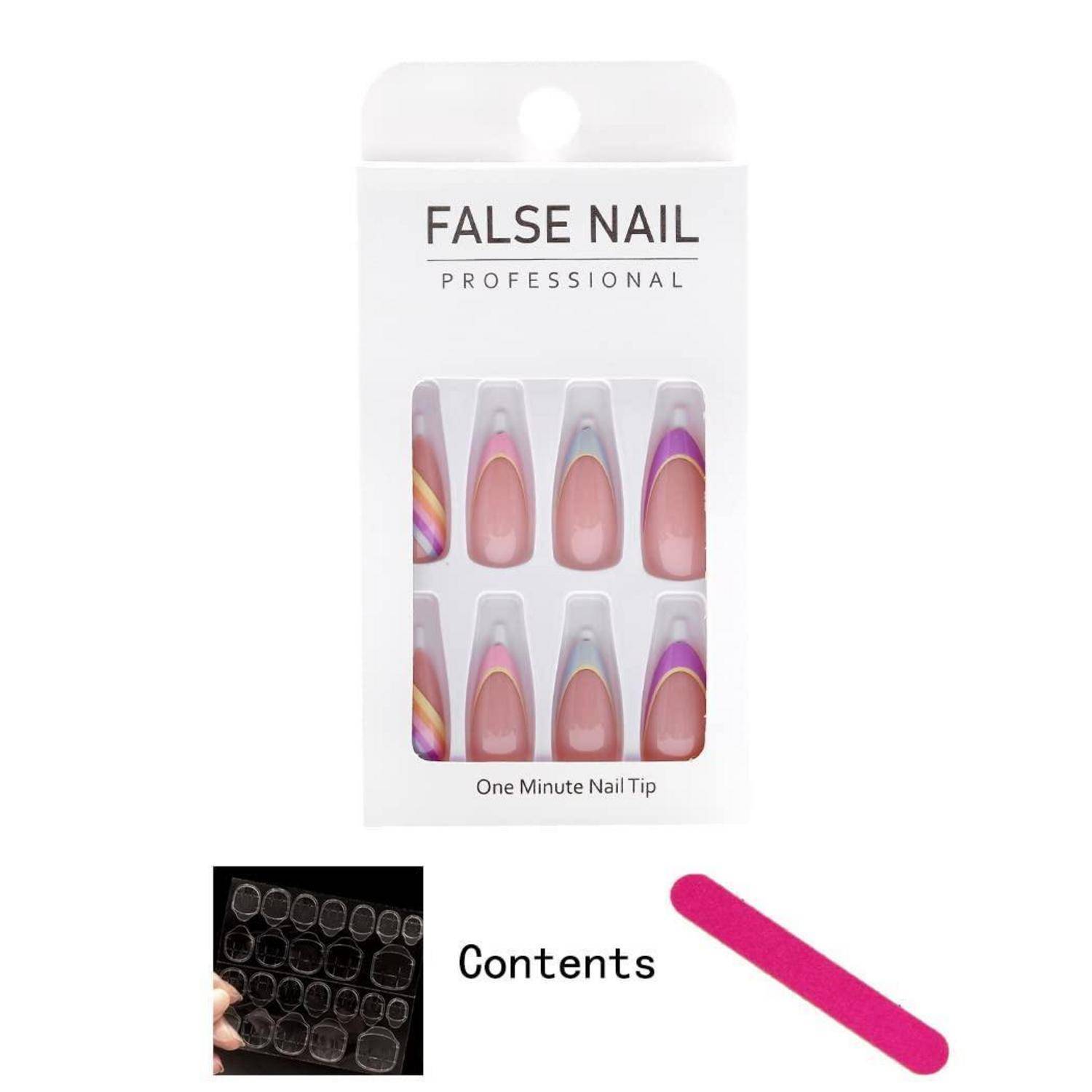 Packung mit 'FALSE NAIL PROFESSIONAL' Nagelspitzen zum Aufkleben mit einfacher Anwendung, zeigt verschiedene Nageldesigns als Muster, enthält eine Inhaltsübersicht und eine rosa Nagelfräse.