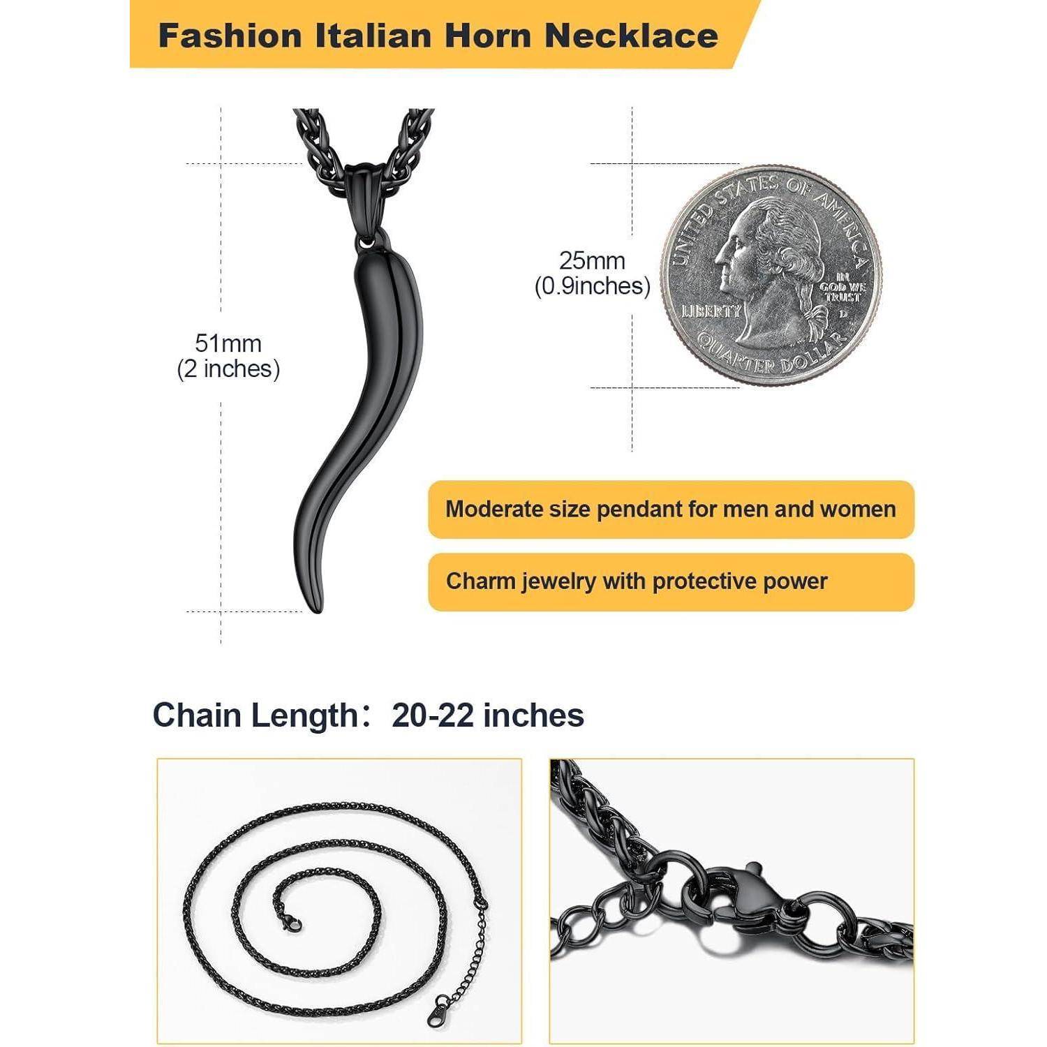 Produktgrafik einer schwarzen italienischen Hornnecklace, die ein 51-mm-Anhänger neben einer Münze zur Größenangabe zeigt, Kettenlänge 20-22 Zoll, und Nahaufnahmen von Kettendetails.