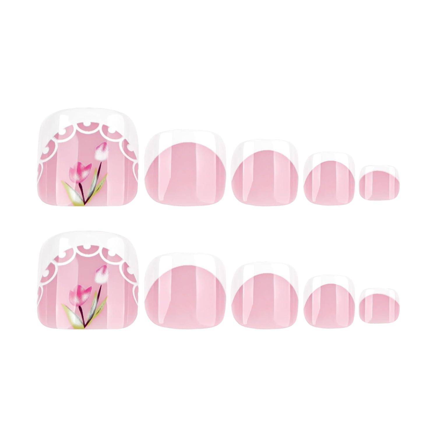 Zwei Sets mit je fünf rosa Kunstnägeln mit je einem Blüten-Akzentnagel pro Set, gezeigt von der größten bis zur kleinsten Größe zum Anpassen.